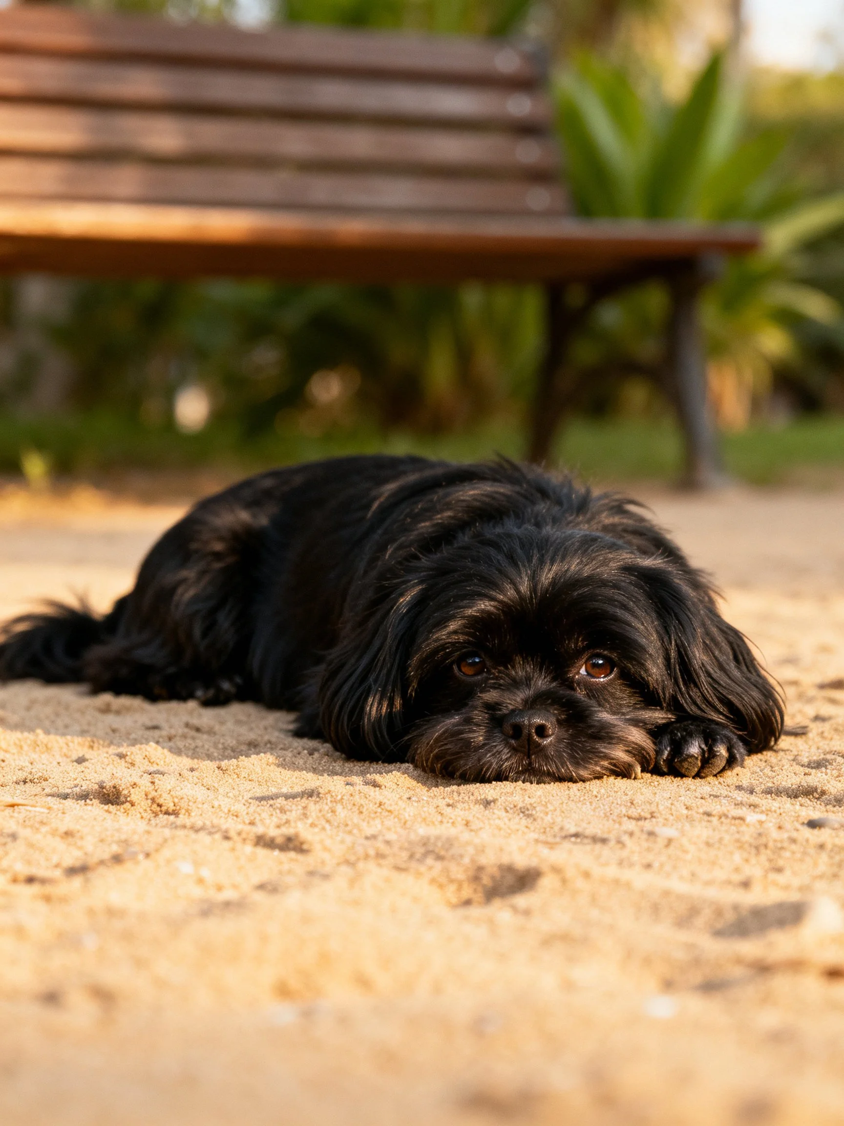 A black dog lies on sandy ground with a wooden bench in the background of an outdoor area.