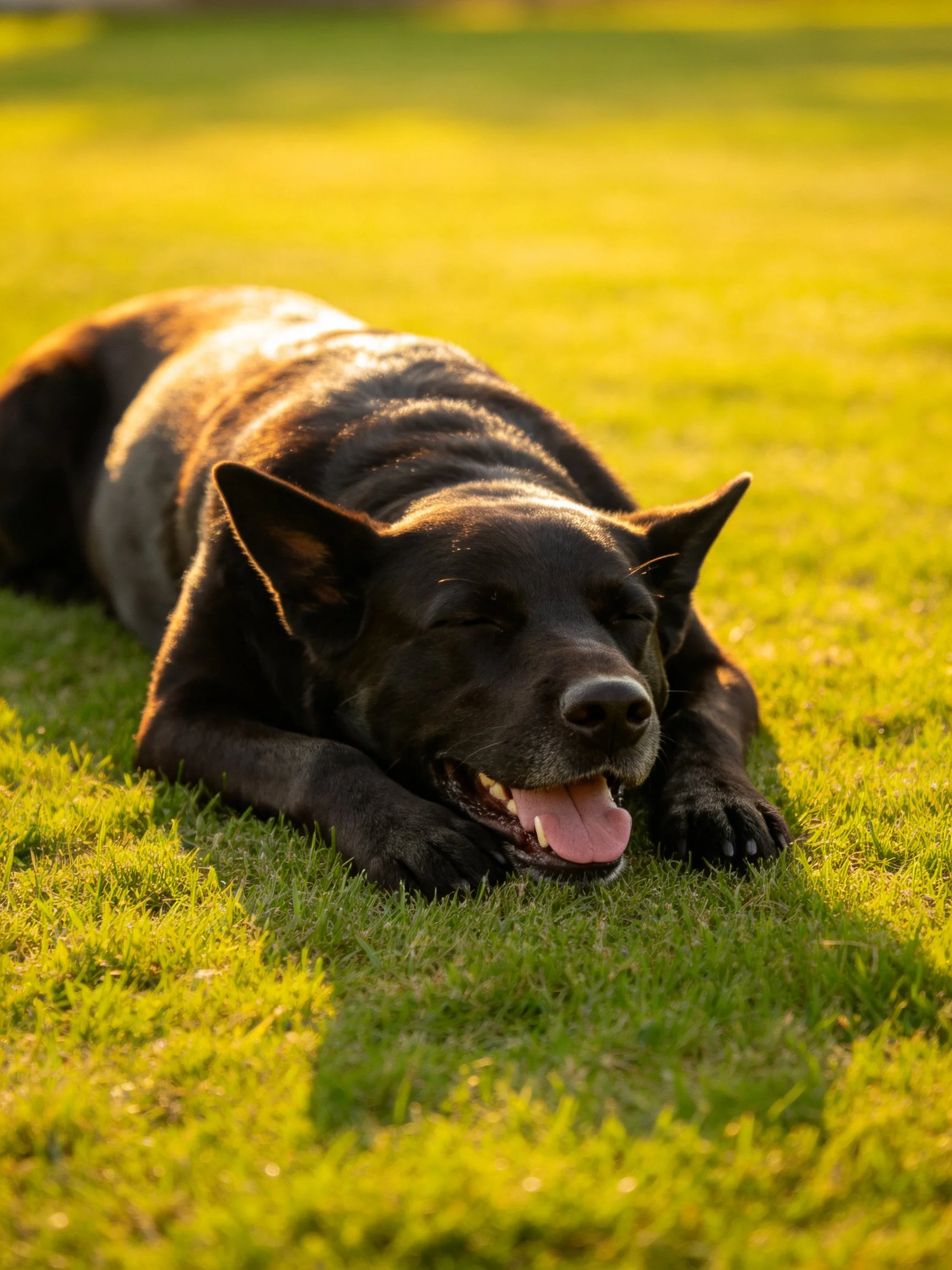 A black dog resting on sun-drenched green grass