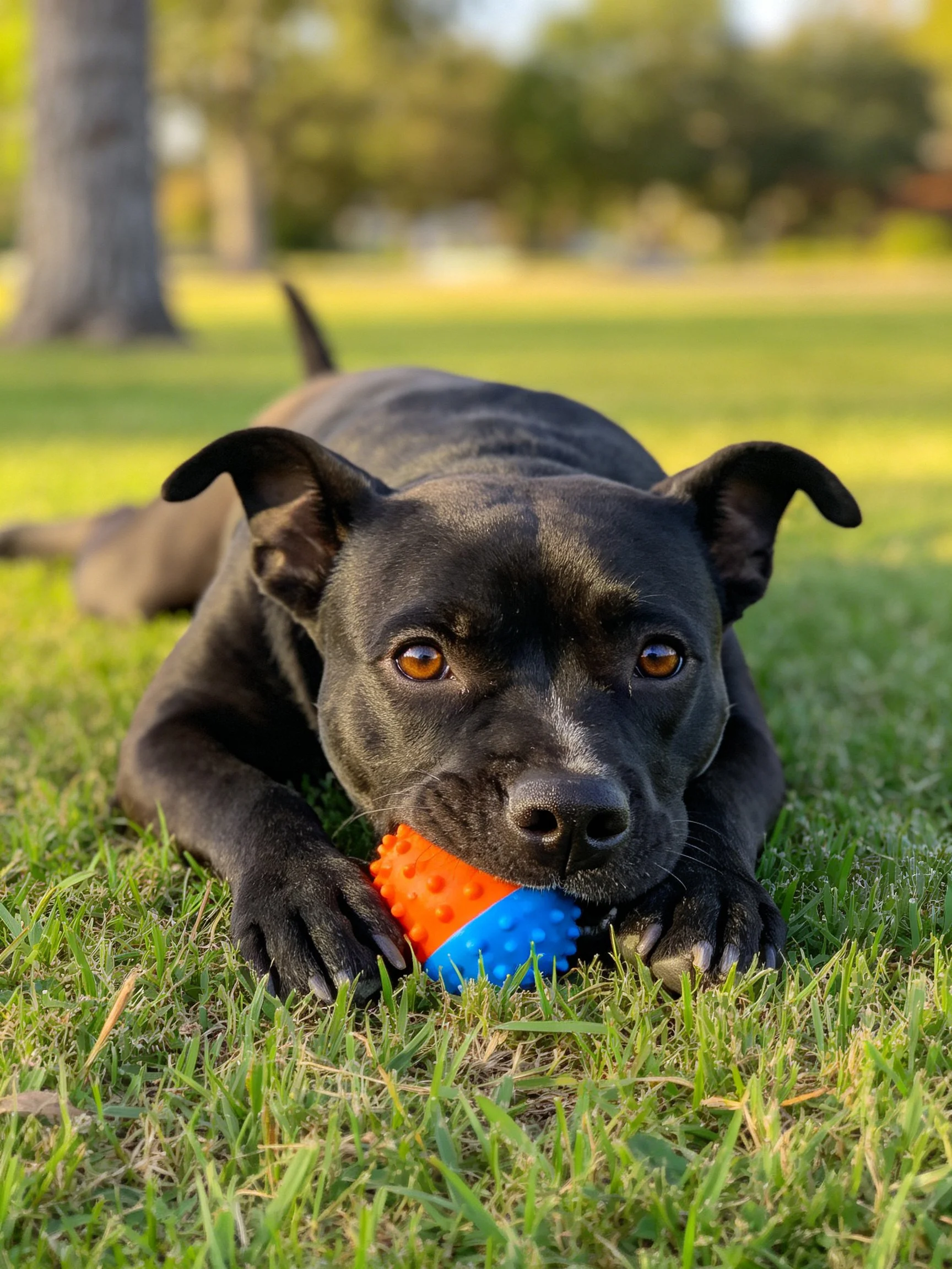 A black dog resting with an orange-blue toy on green grass