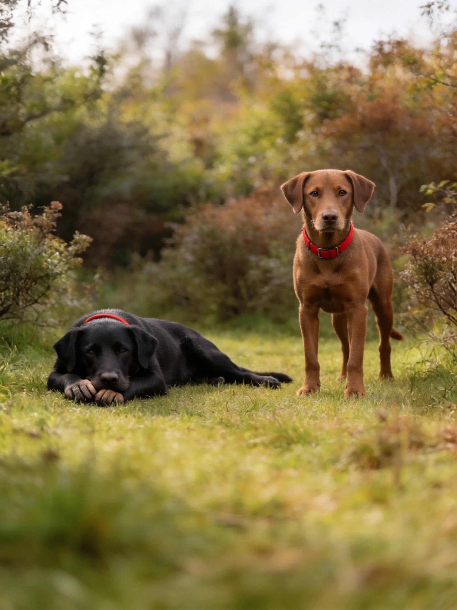 Two dogs rest and stand in a grassy, bushy environment.