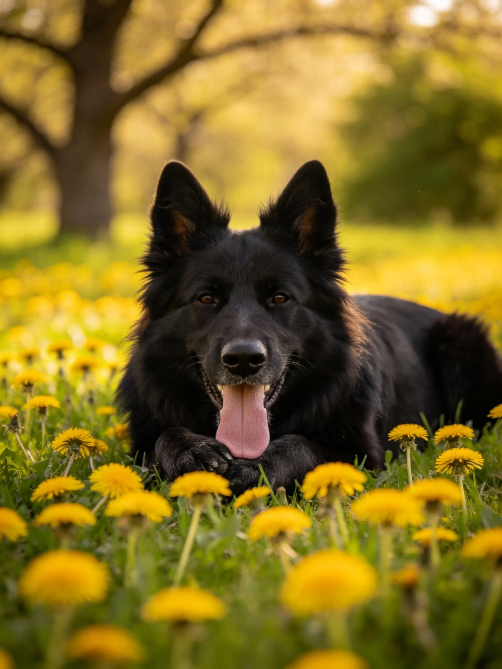 A black dog relaxes in a sunlit meadow filled with yellow dandelions.