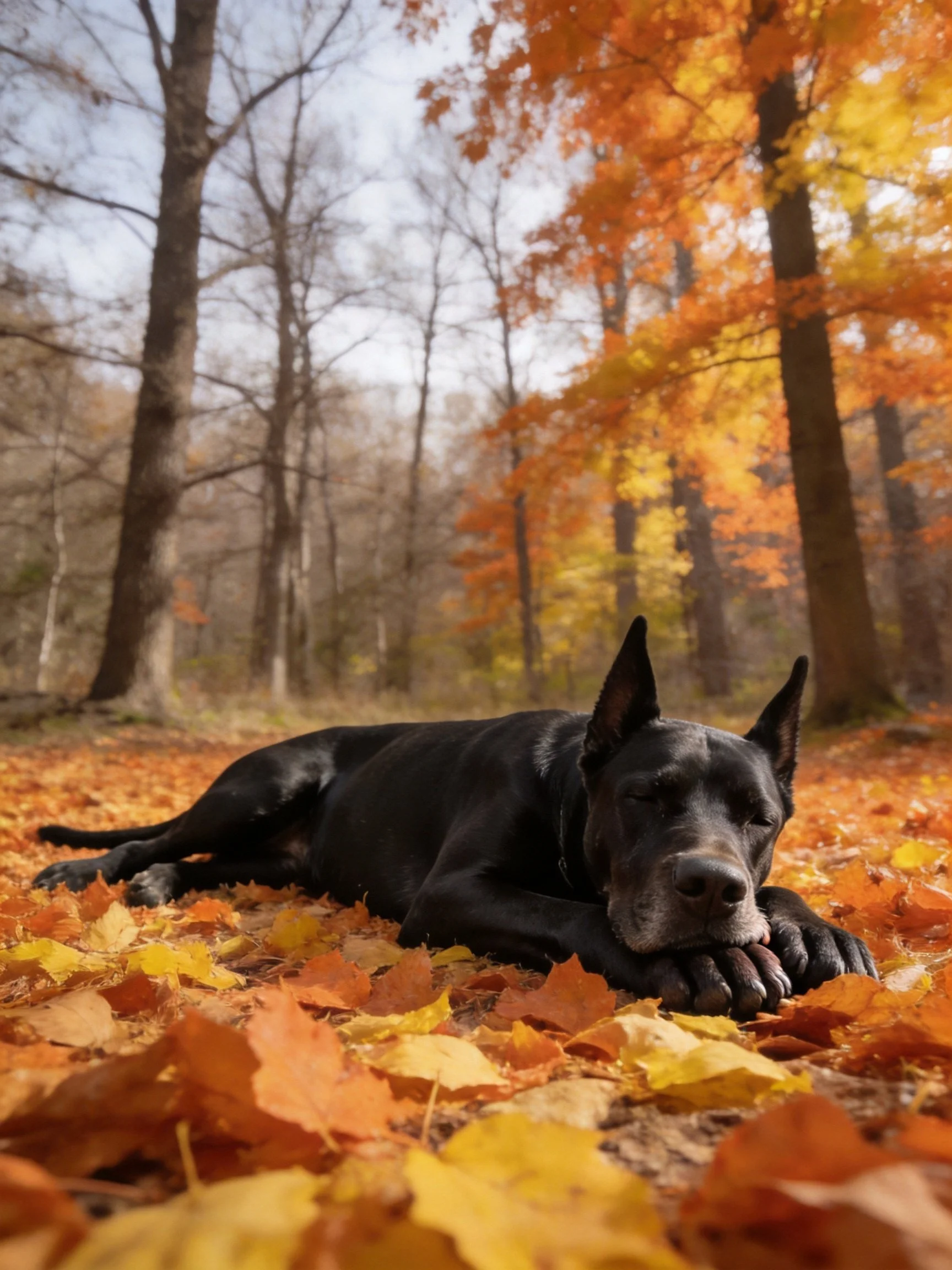 A black dog relaxes on fallen autumn leaves amidst tall, colorful trees.