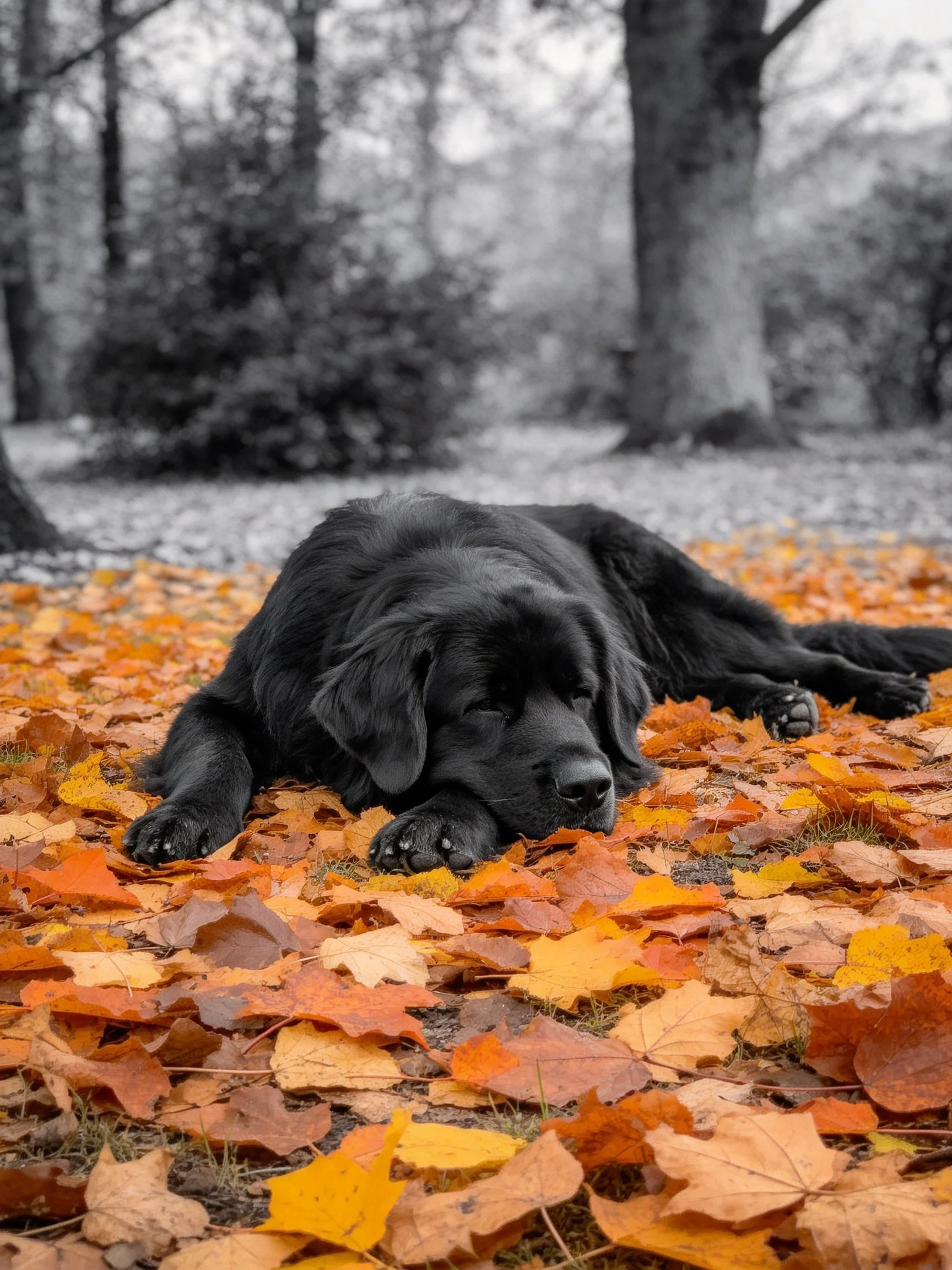 A black dog lies among autumn leaves in a forest setting.