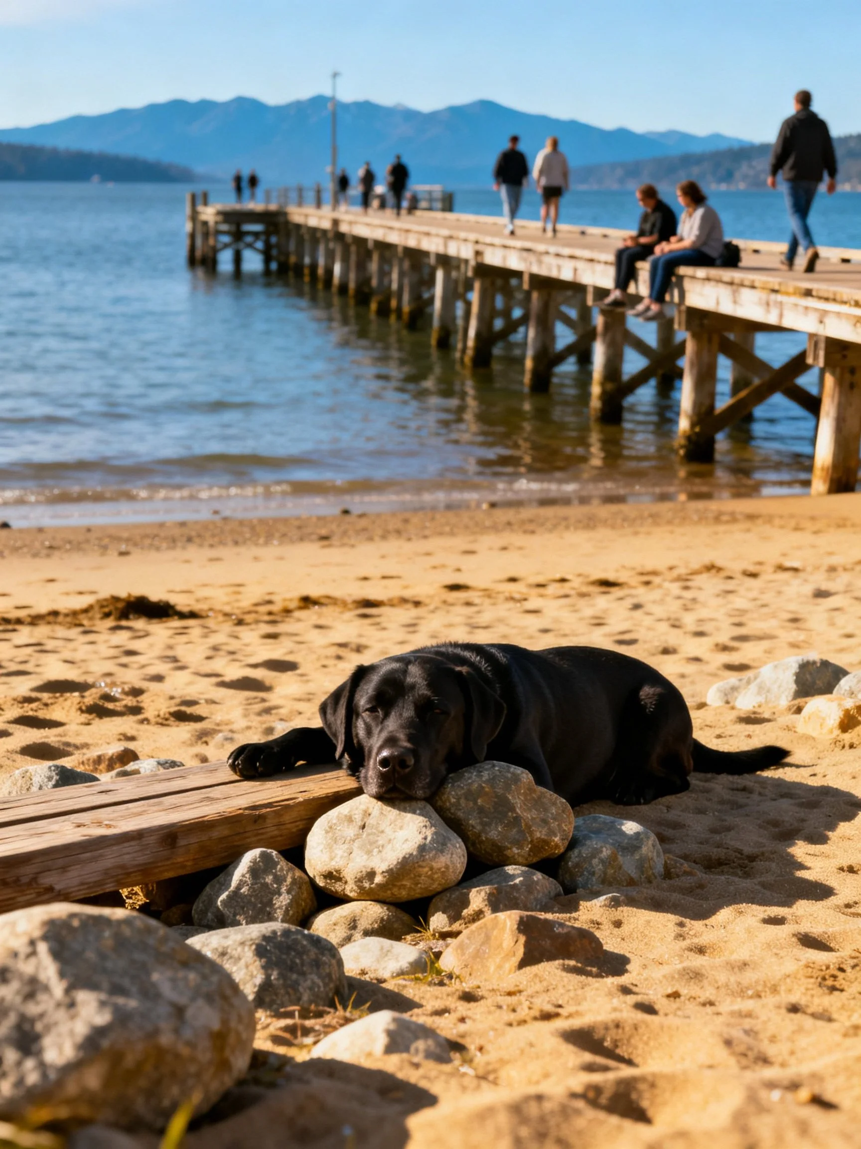 A black dog rests by rocks on a sandy beach with a wooden pier