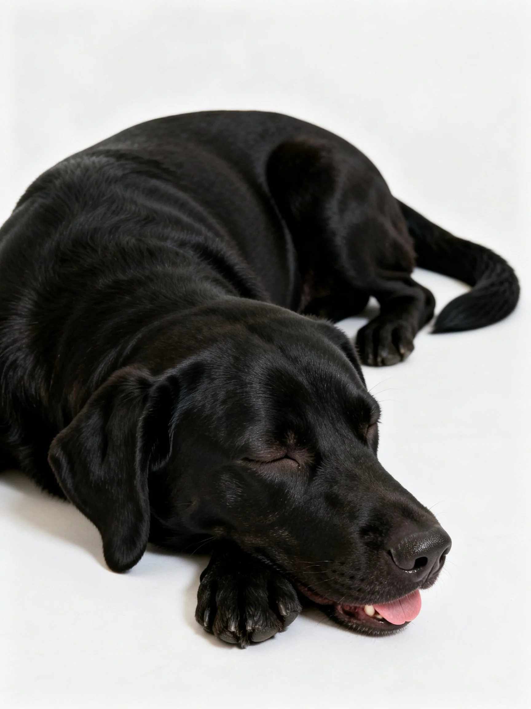 A black dog sleeps peacefully on a white surface.