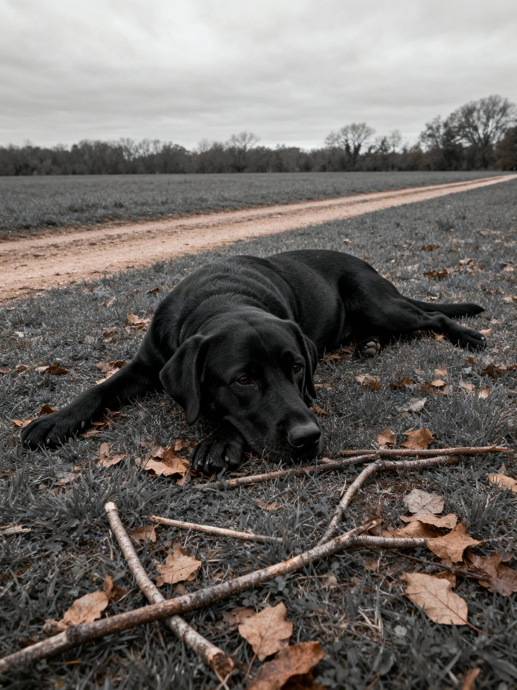A black dog lies on grass beside a dirt path with fallen leaves.