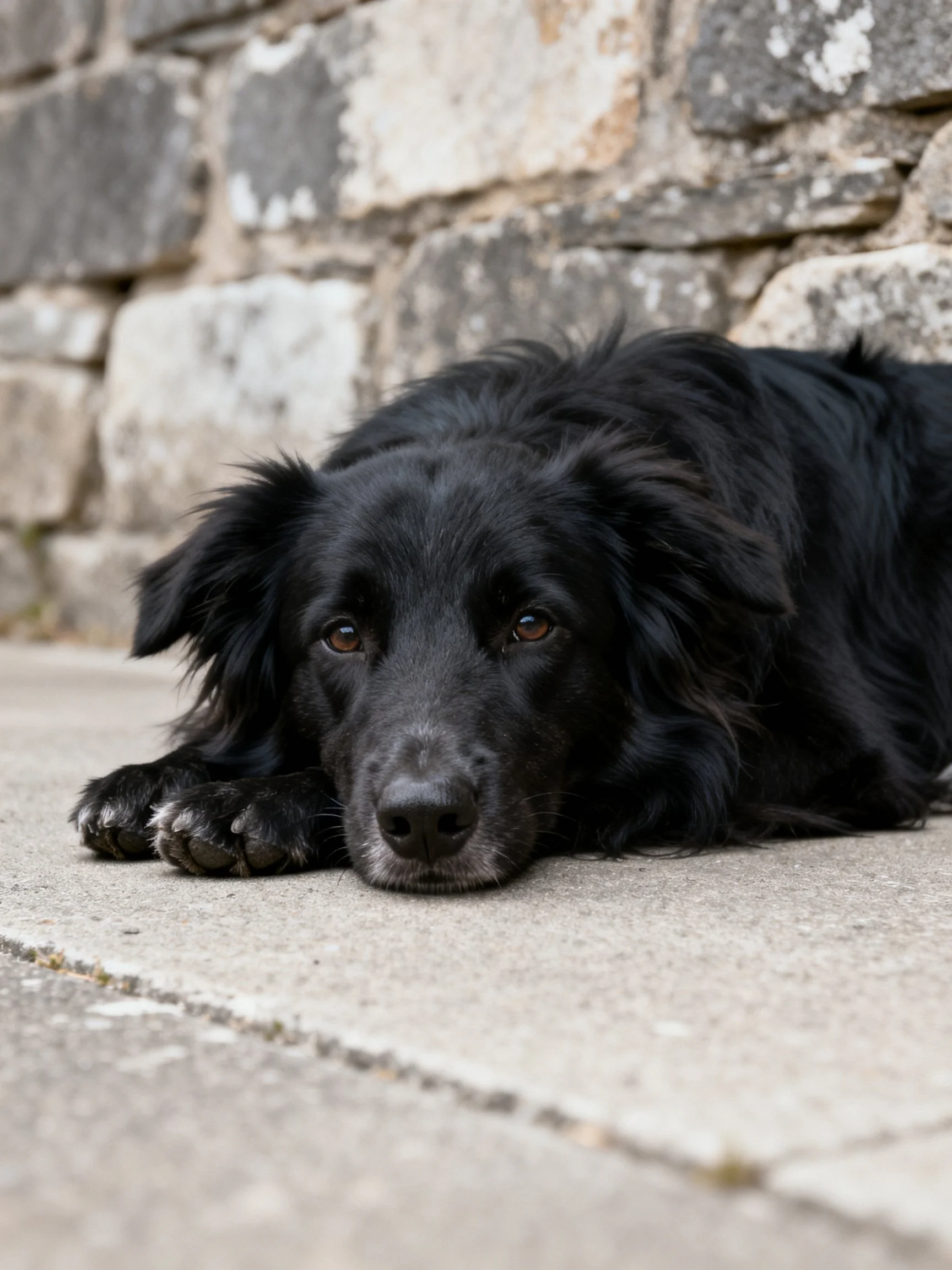 A black dog rests near an aged stone wall