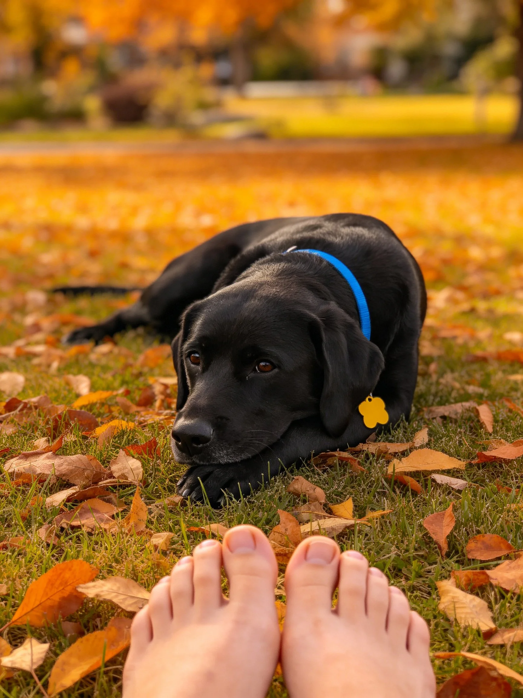 A black dog relaxes beside bare human feet in an autumn park.