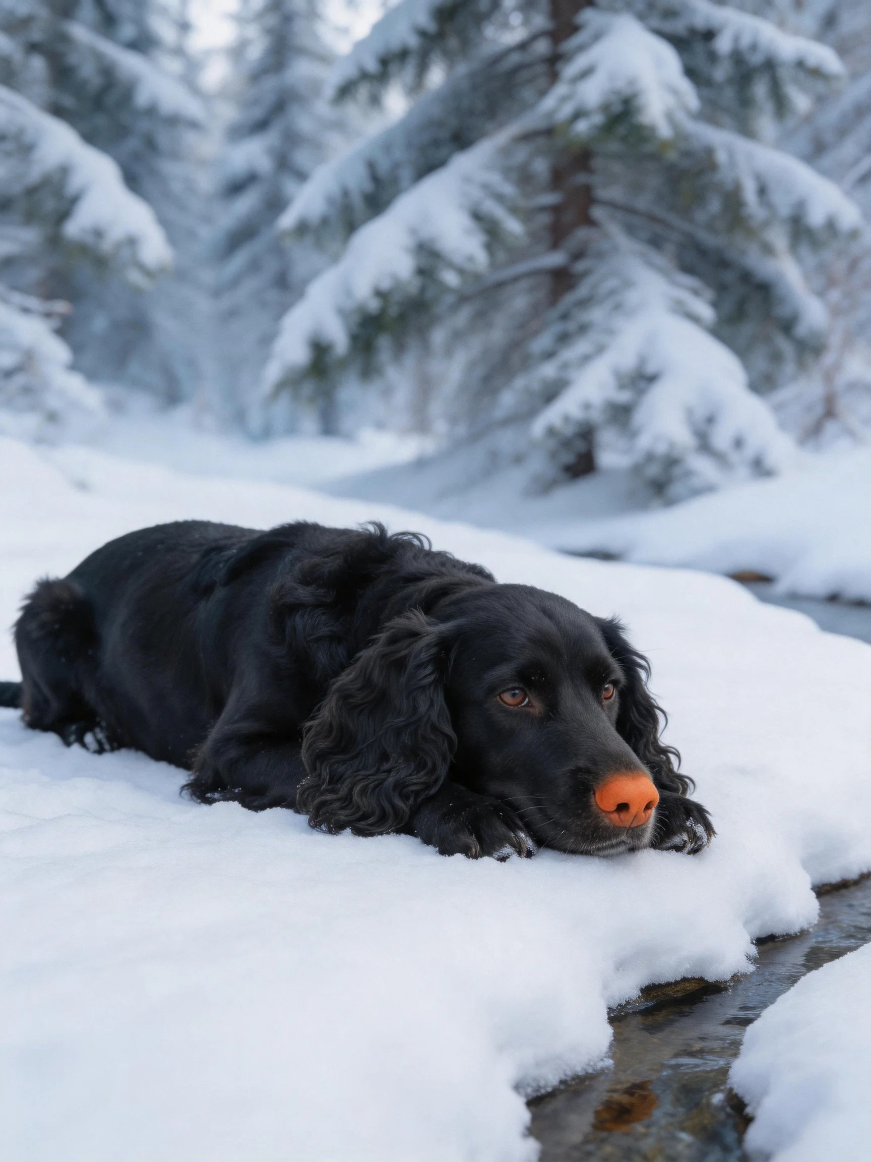 A black dog rests near snow-covered pine trees by a stream