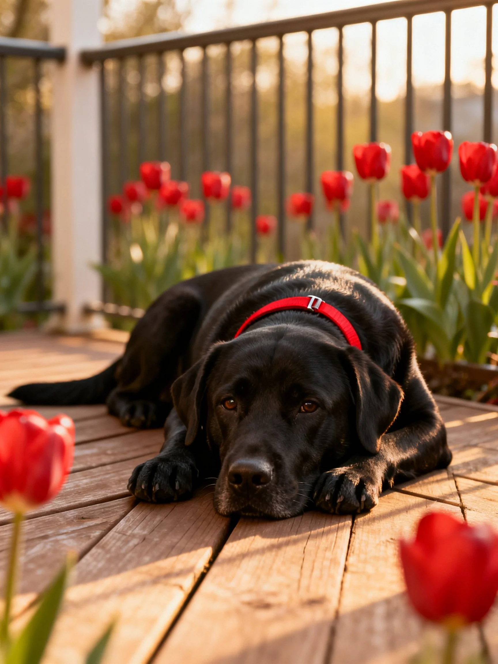 A black dog relaxes among red tulips on a sunlit wooden deck.
