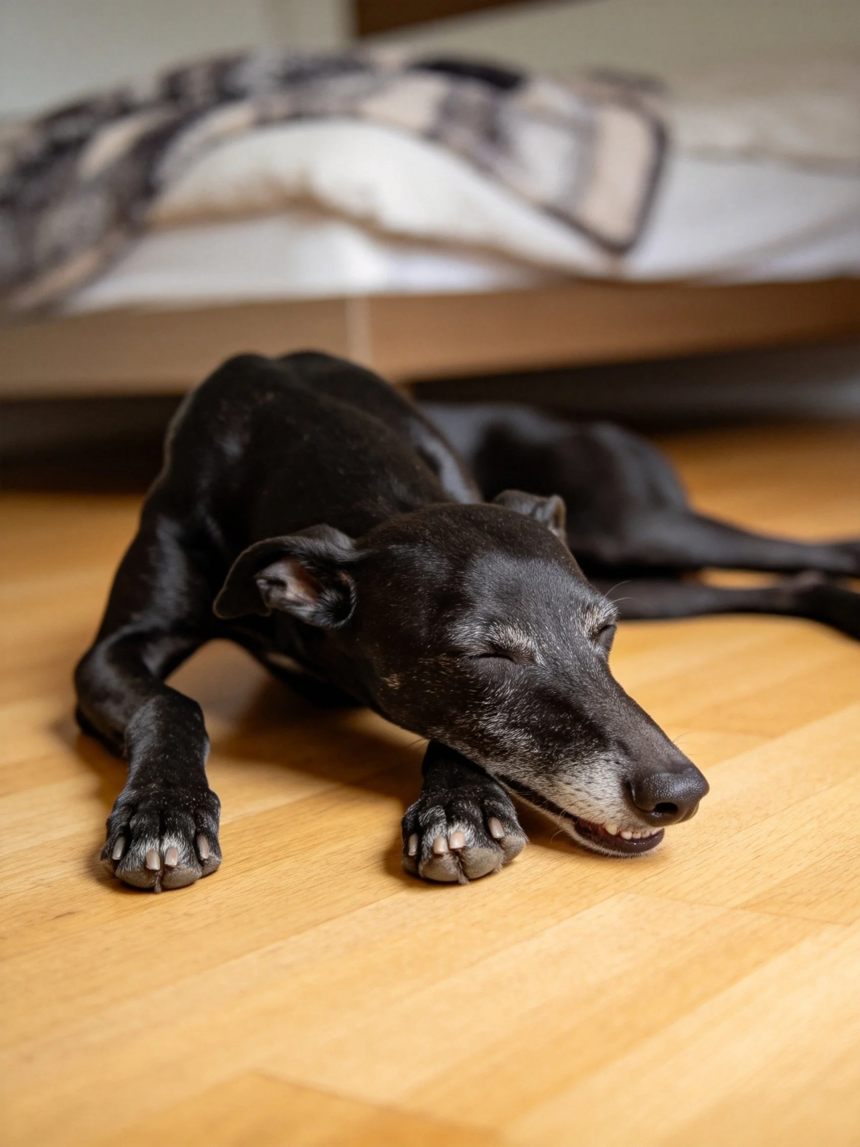 A black dog rests on a polished wooden floor near a bed