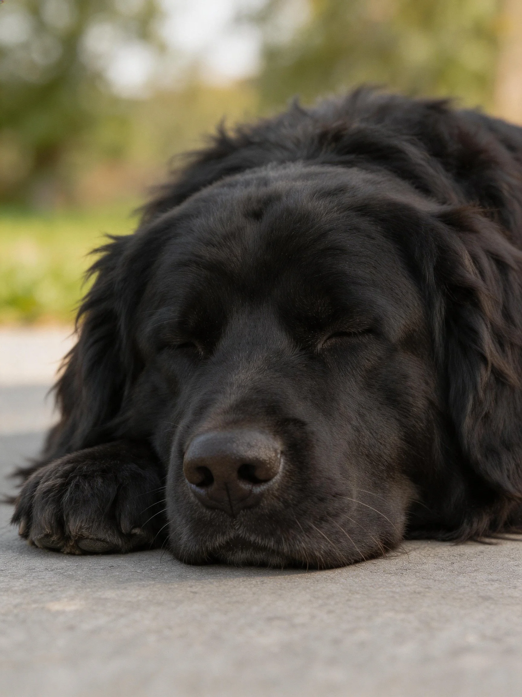 A black dog rests on a smooth pavement with closed eyes