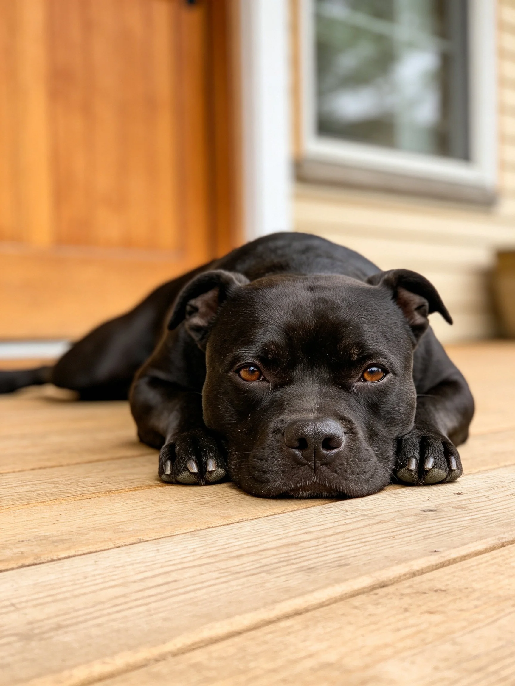 A black dog rests on a wooden porch near a brown door