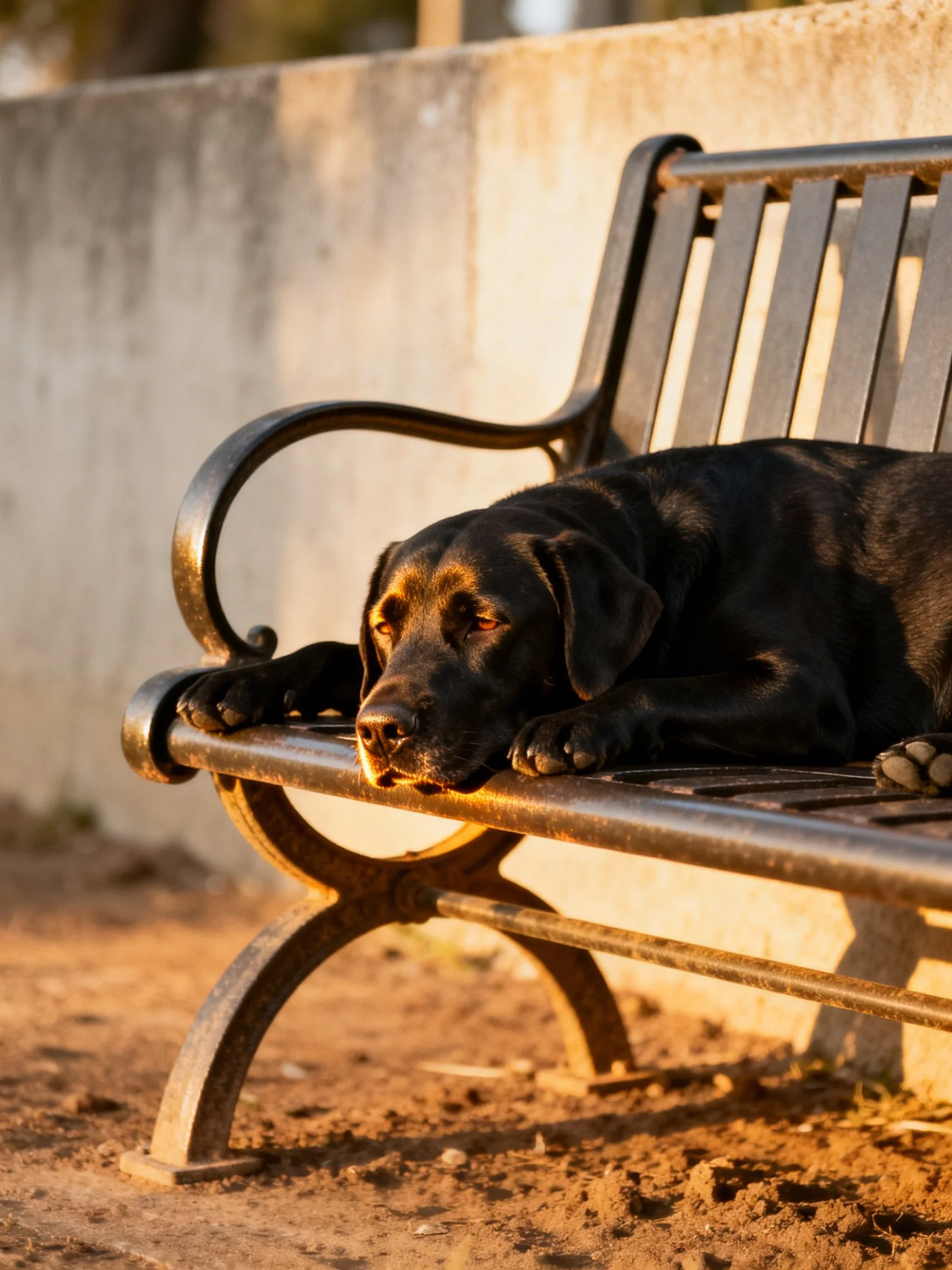 A black dog relaxes on a metal bench in a sunlit outdoor area.