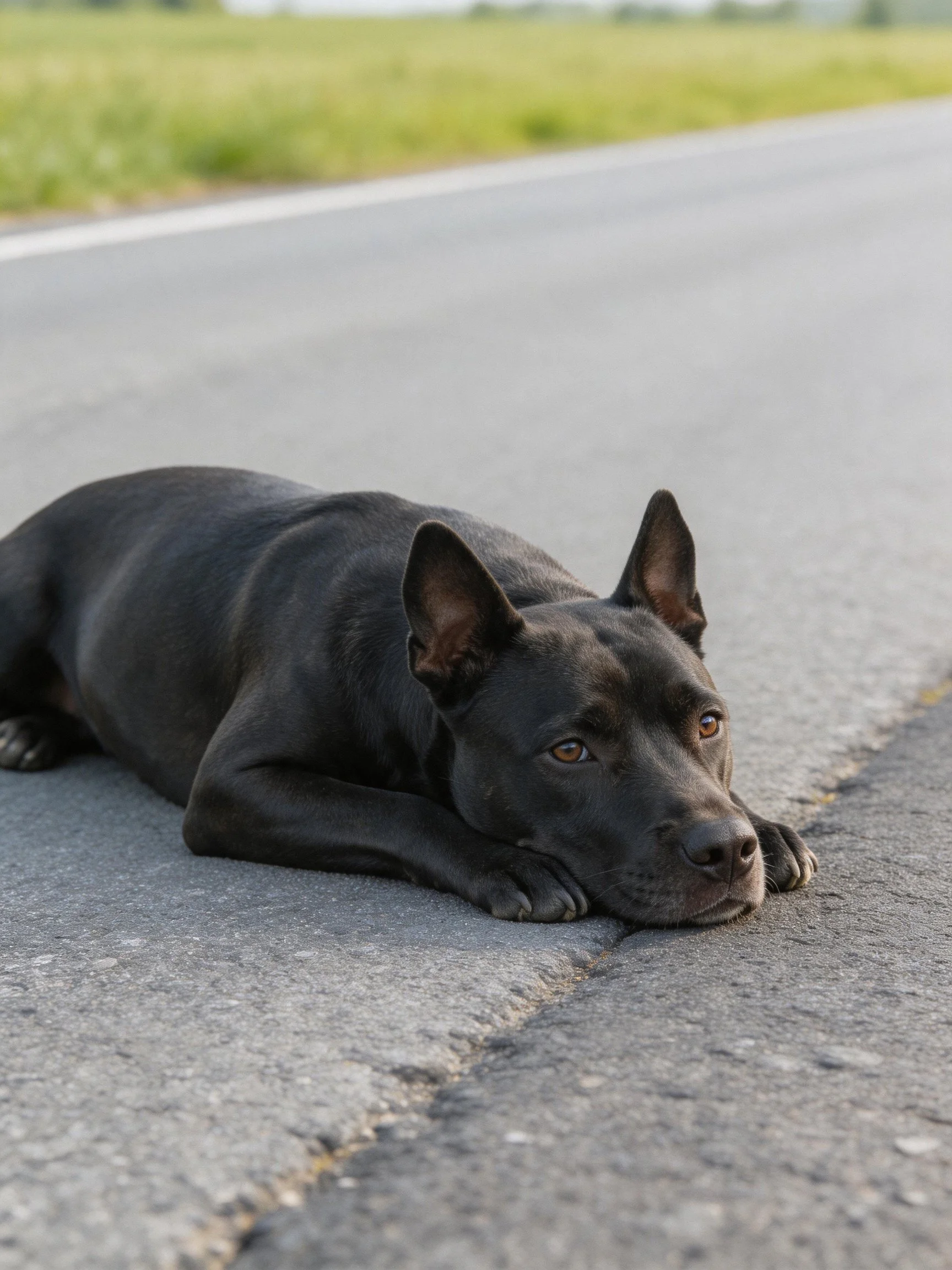 A black dog rests on an asphalt road near green fields