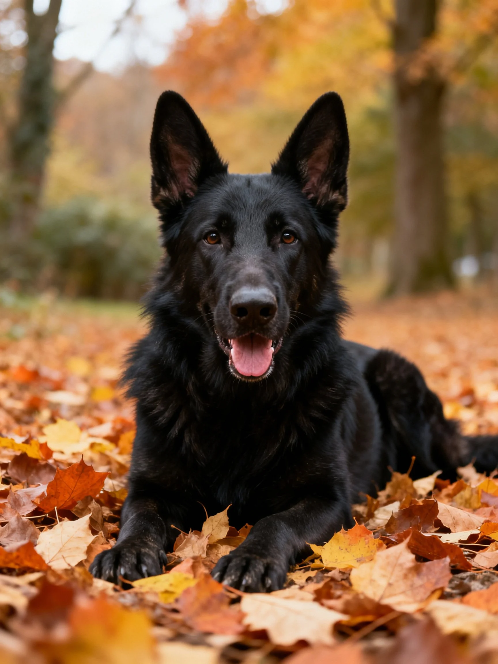 A black dog rests on colorful autumn leaves in a wooded area