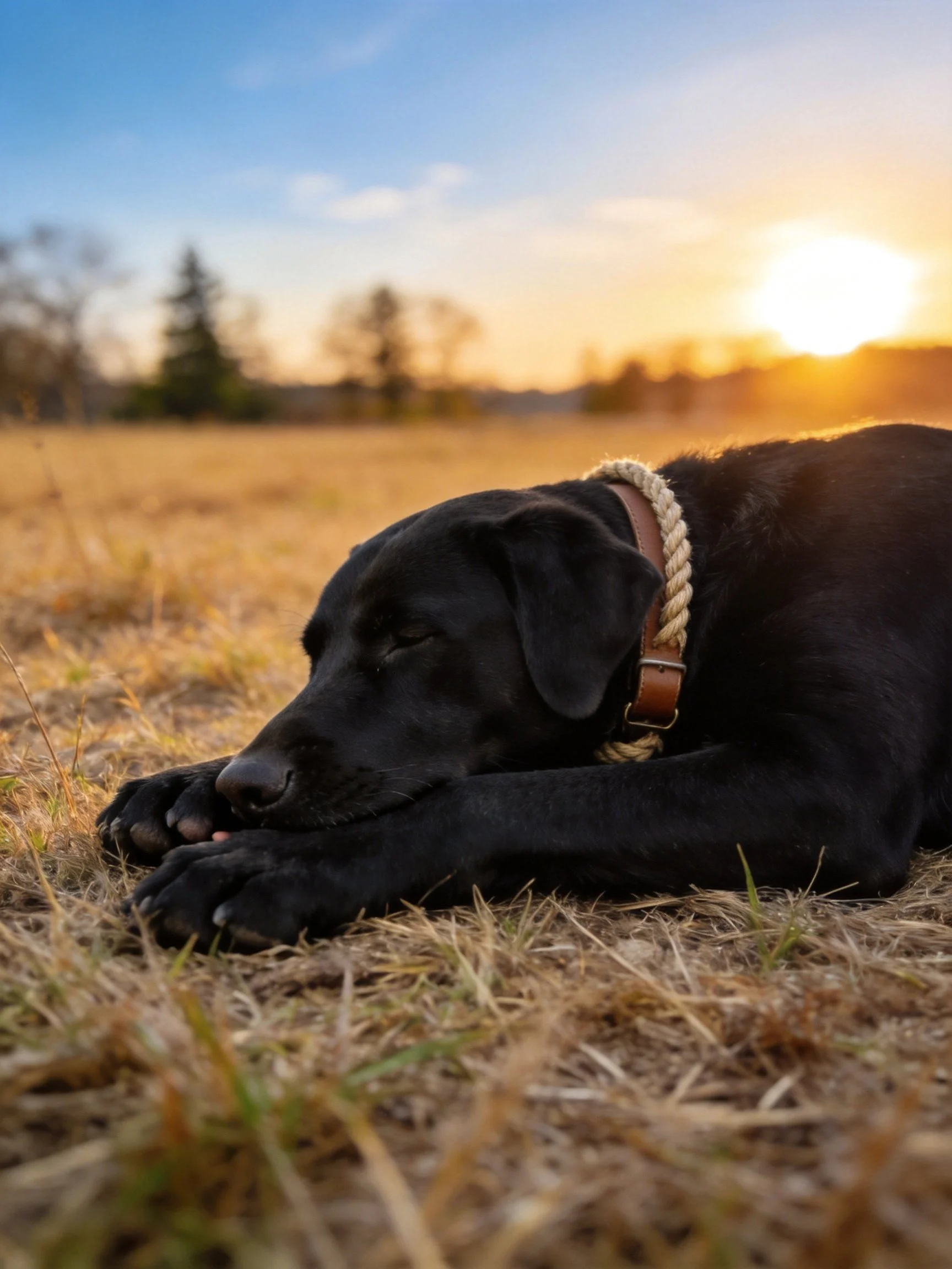 A black dog lies peacefully on golden grass as the sun sets.