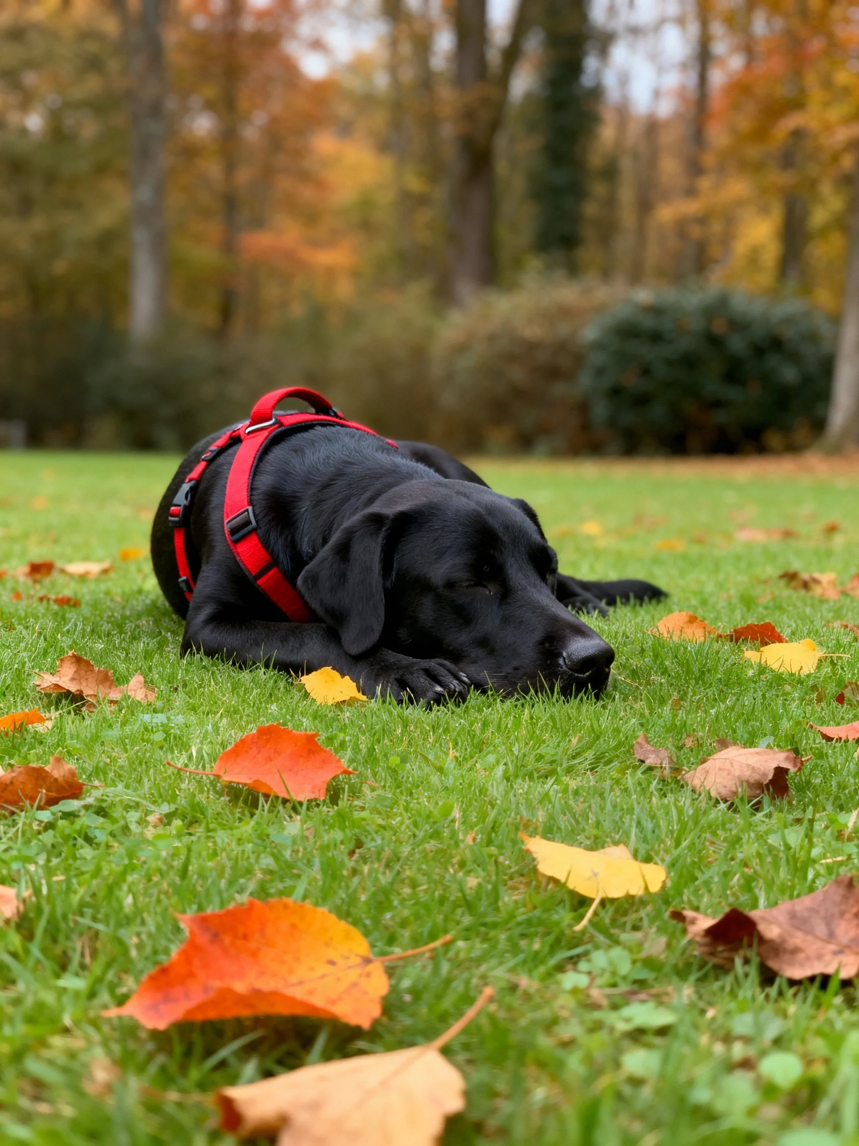 A black dog lies on grass surrounded by fallen autumn leaves while wearing a red harness
