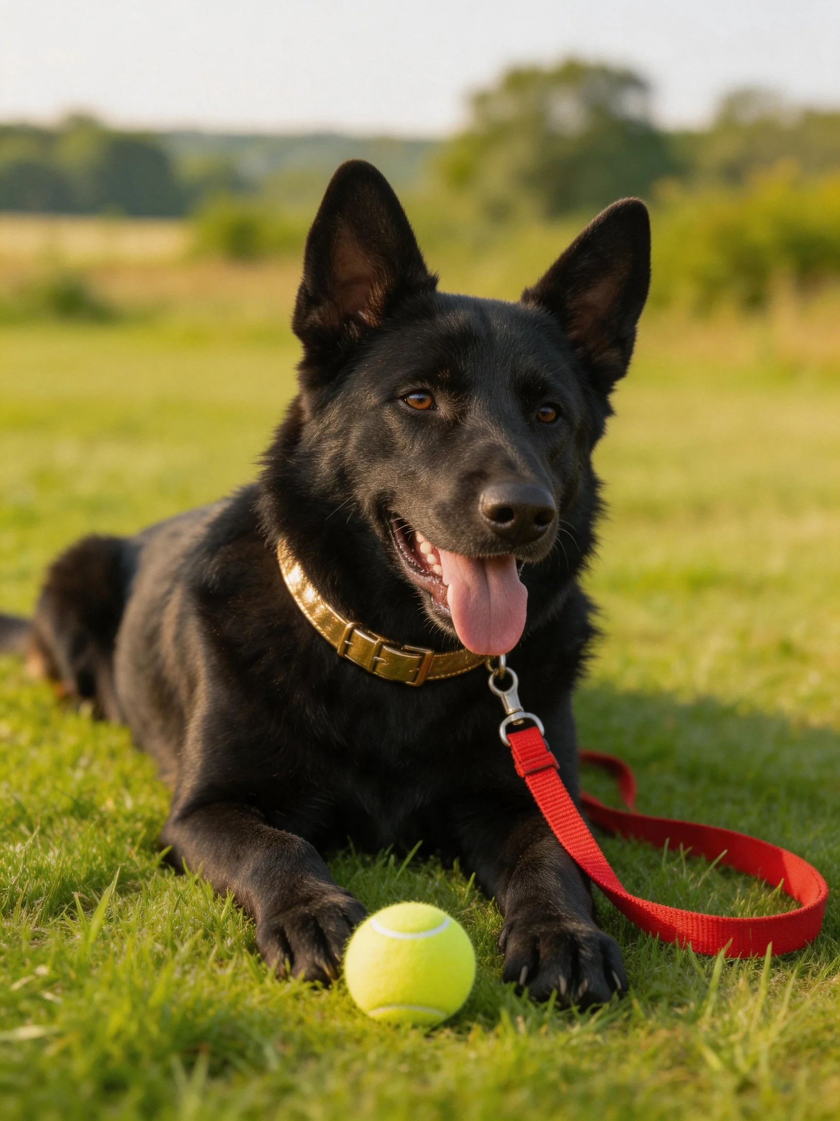 A black dog relaxes outdoors near a yellow tennis ball on green grass