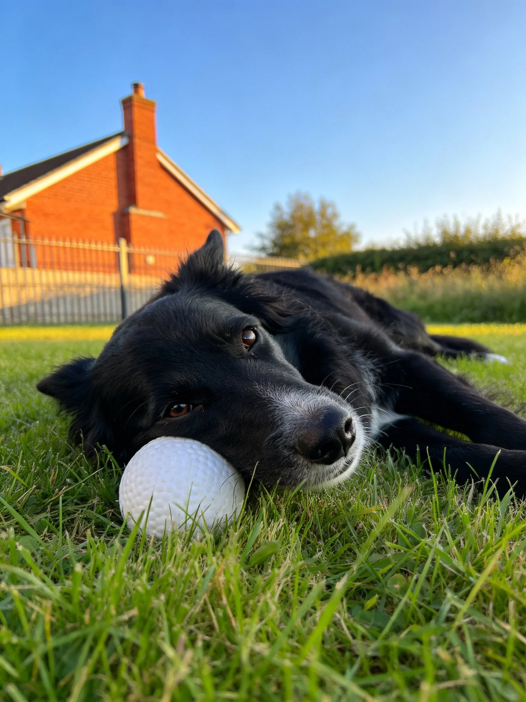 A black dog relaxes on grass with a white ball, near a red brick house.