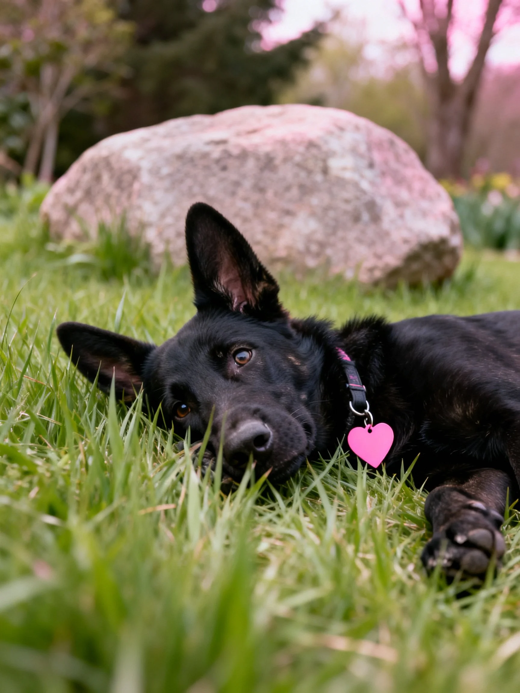 A black dog relaxes on grass beside a large rock with a pink collar tag
