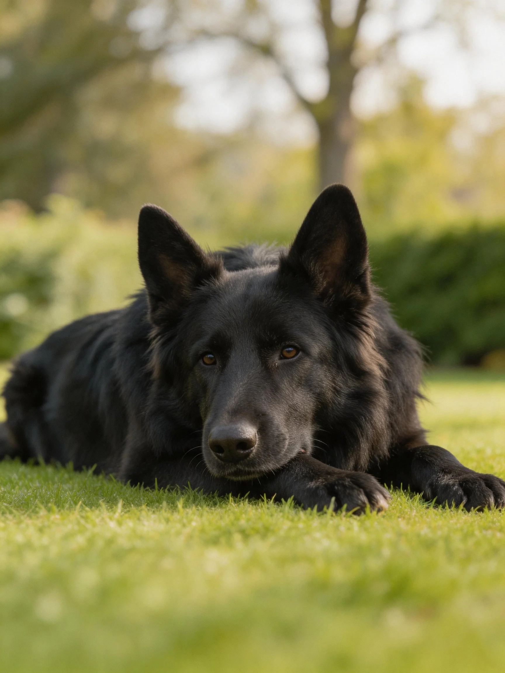 A black dog relaxes on grass in a peaceful outdoor environment.