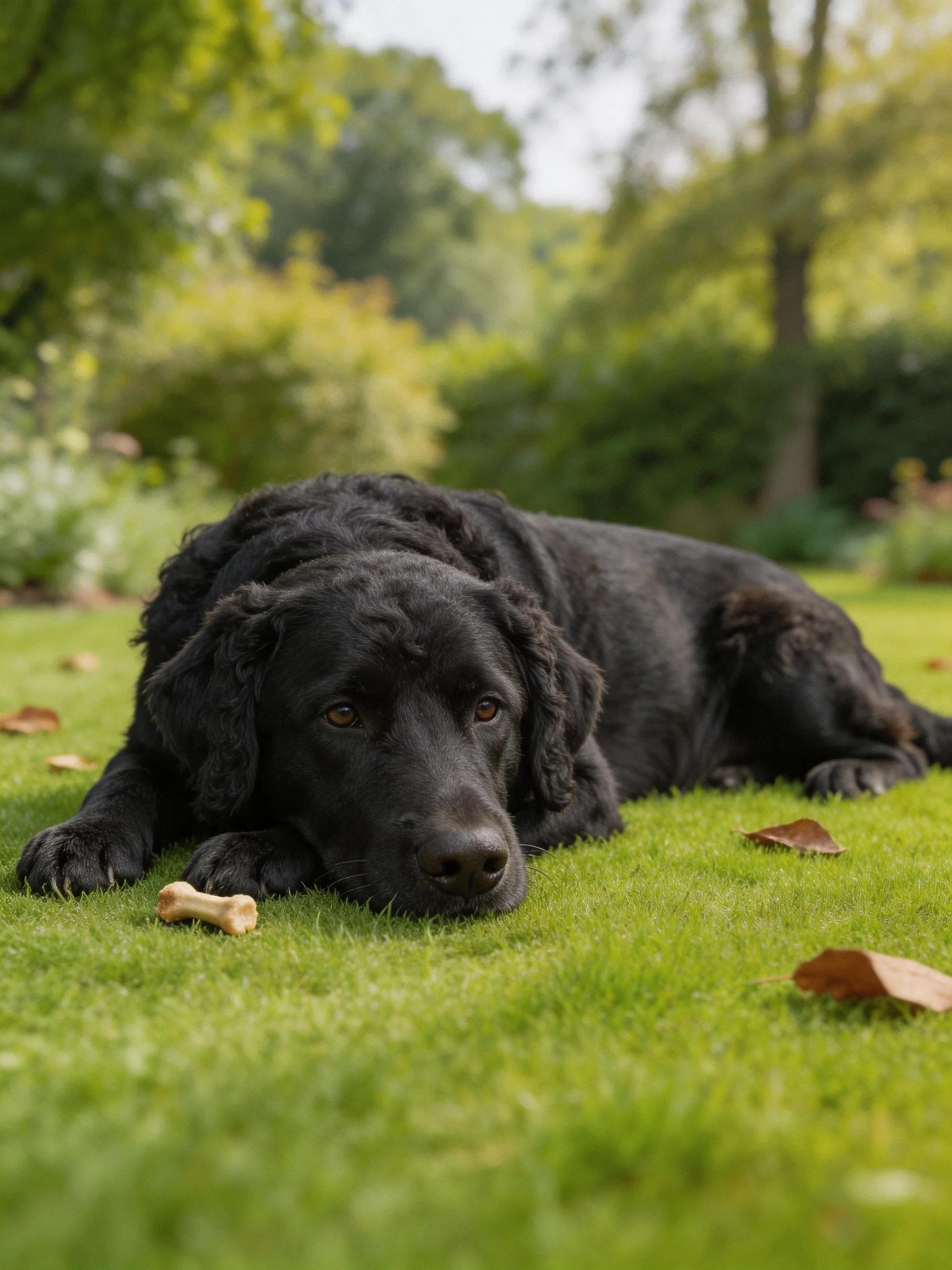 A black dog relaxes on grass with a bone and leaves.