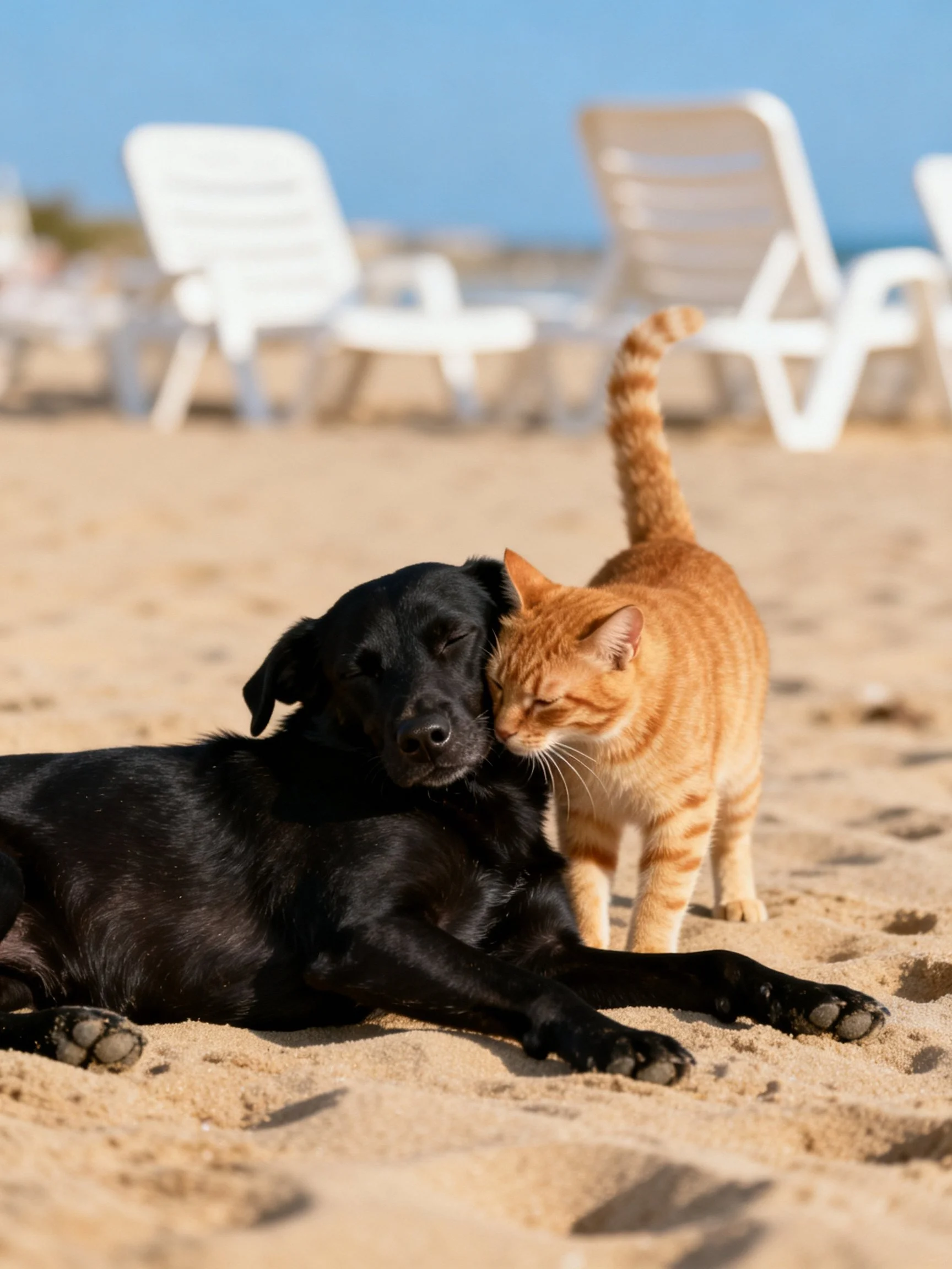 A black dog rests on sandy beach with an orange tabby catnearby