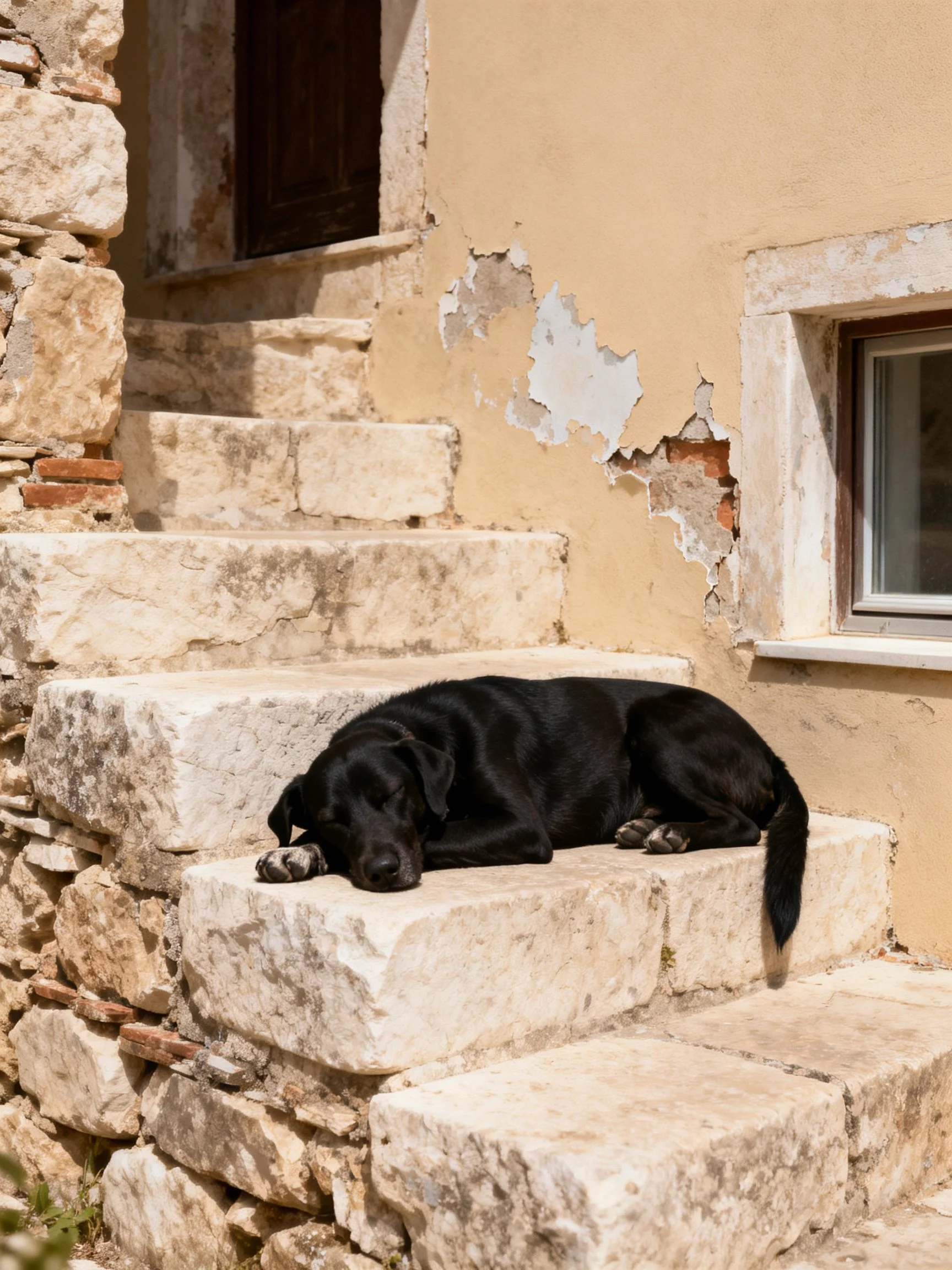 A black dog rests on weathered stone steps by an aged building