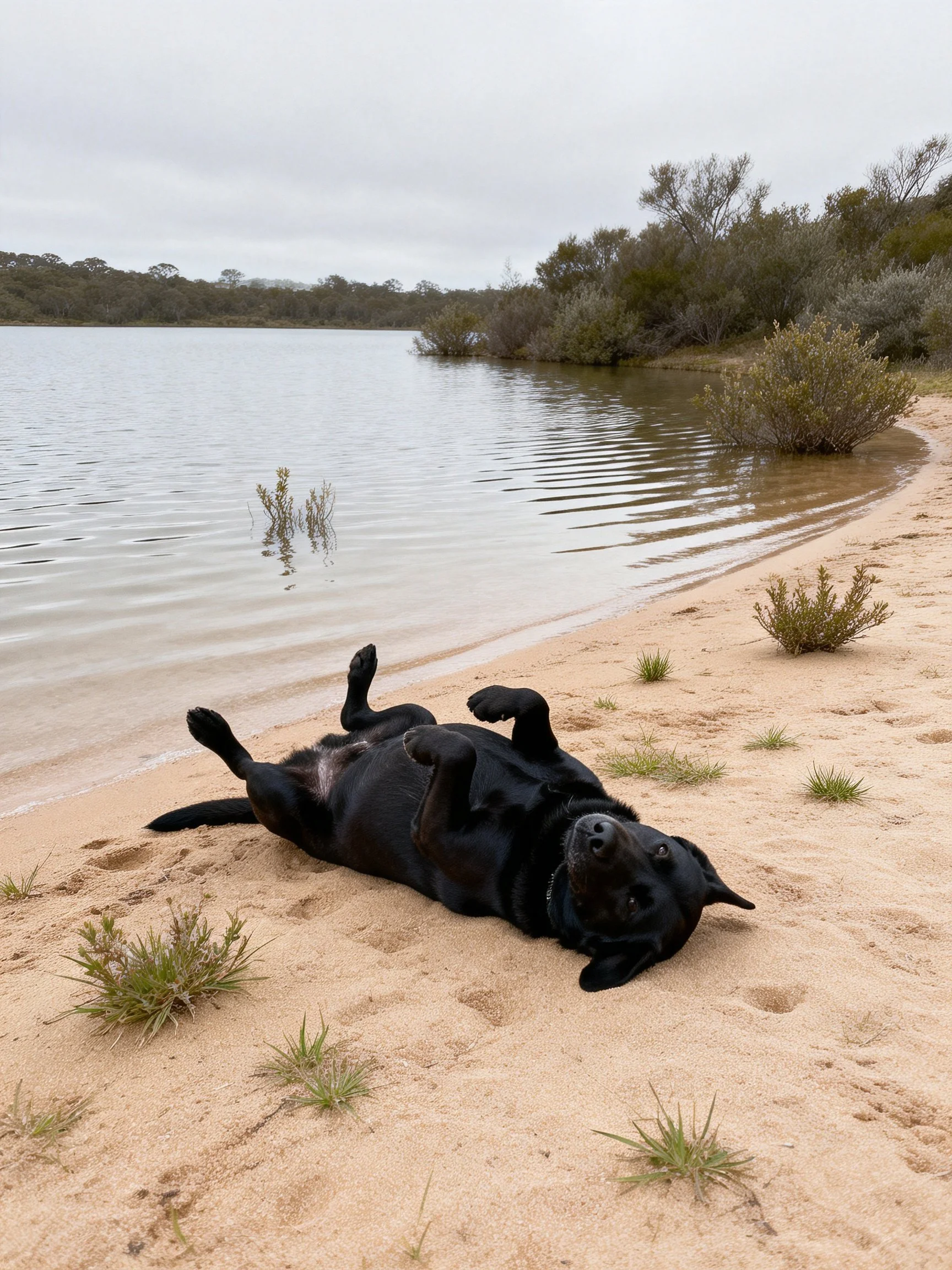 A black dog rolls on sandy shore beside calm water