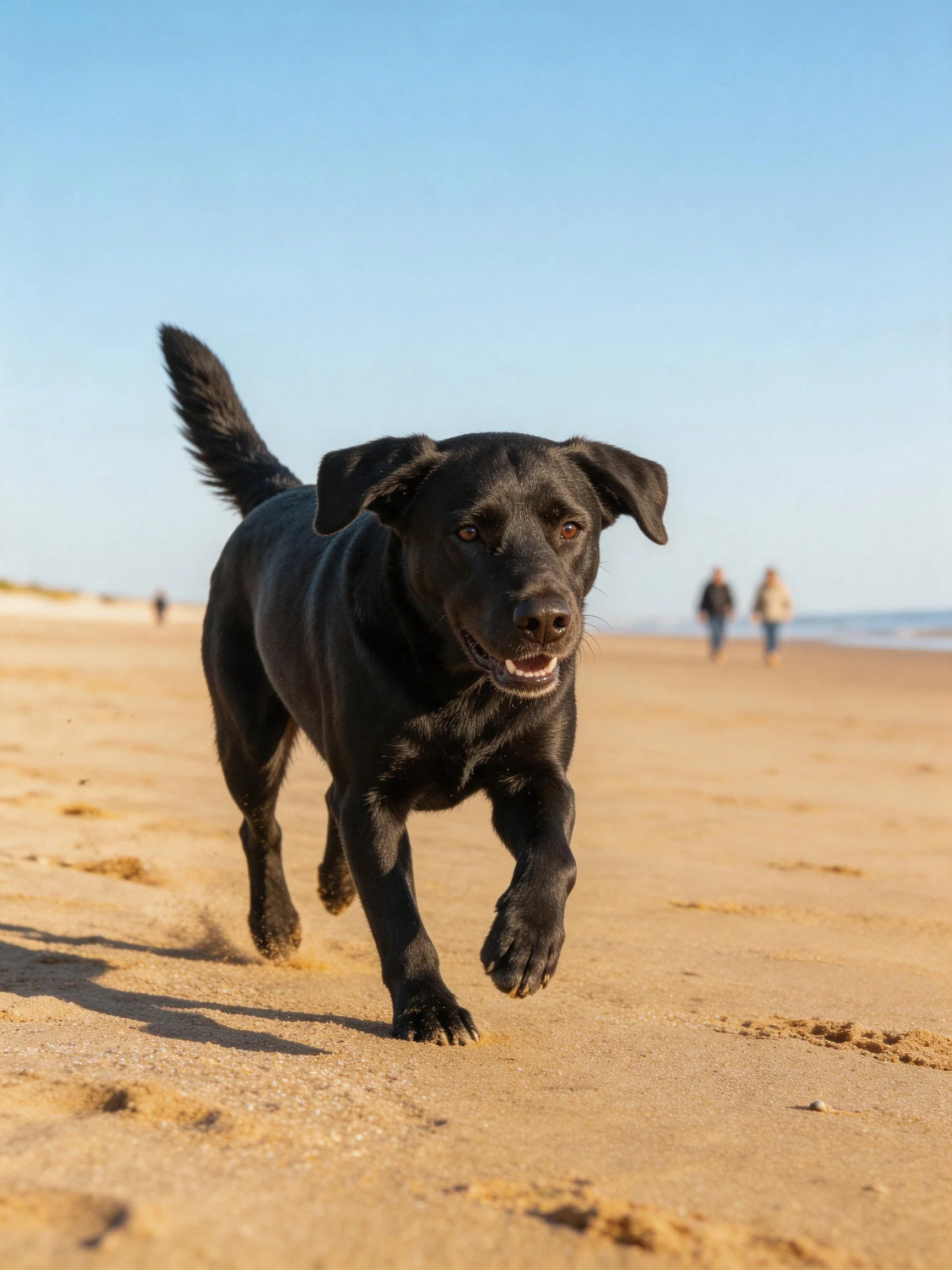 A black dog running energetically on a sunny sandy beach