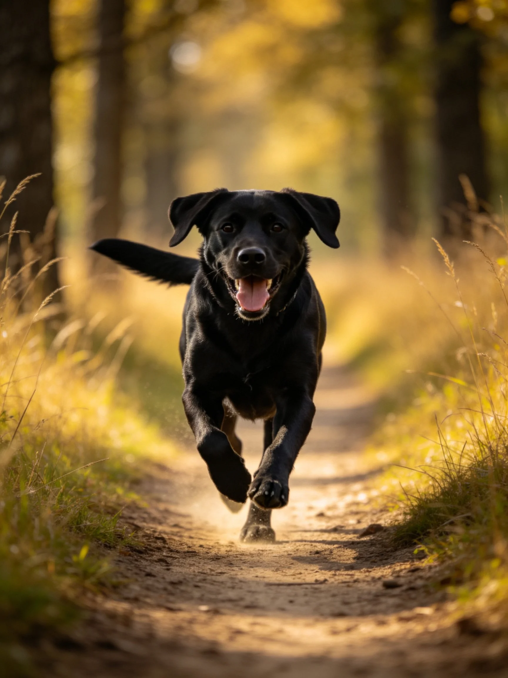 A black dog running joyfully on a sunlit forest path