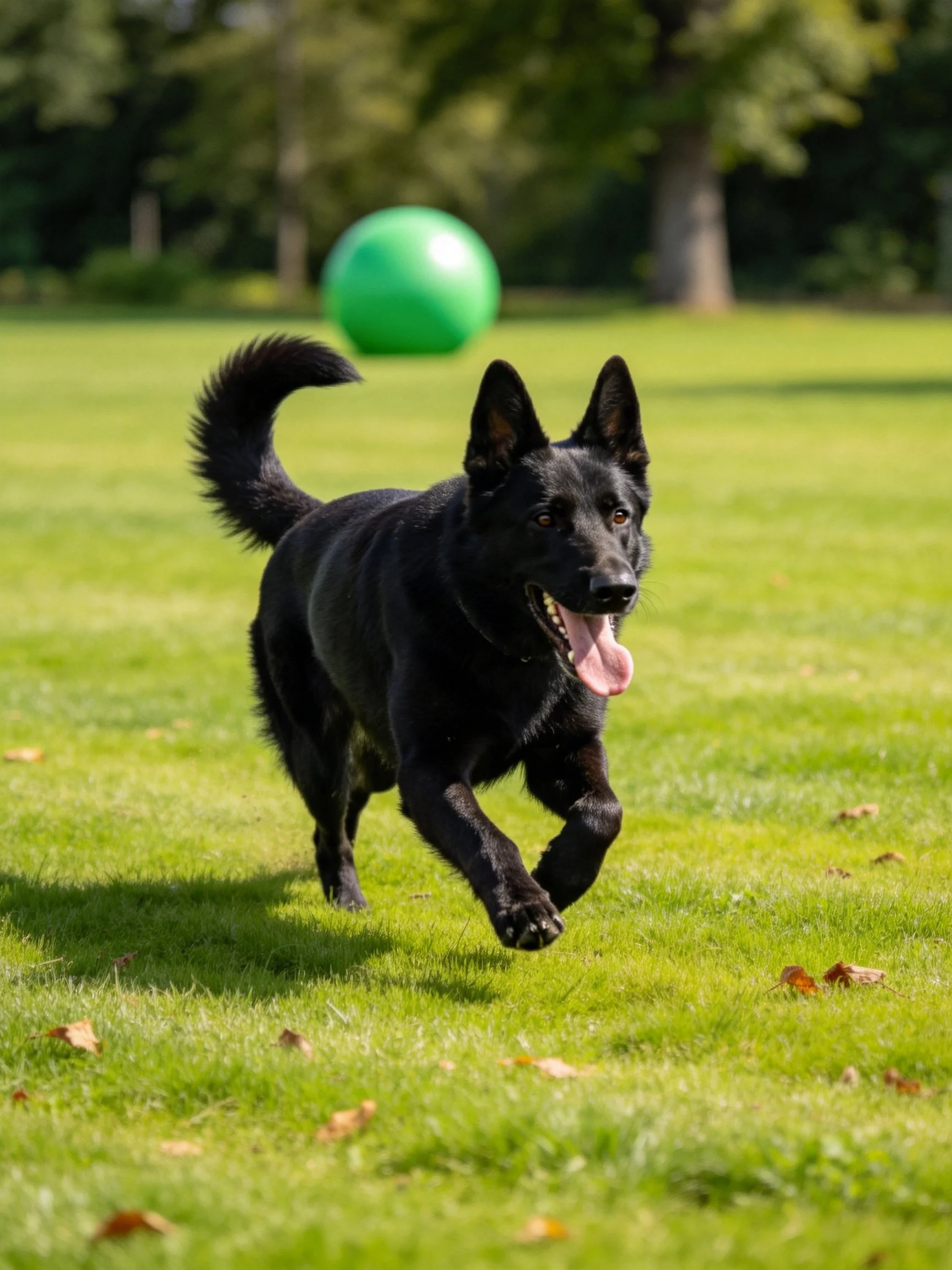 A black dog running toward a large green ball on grass
