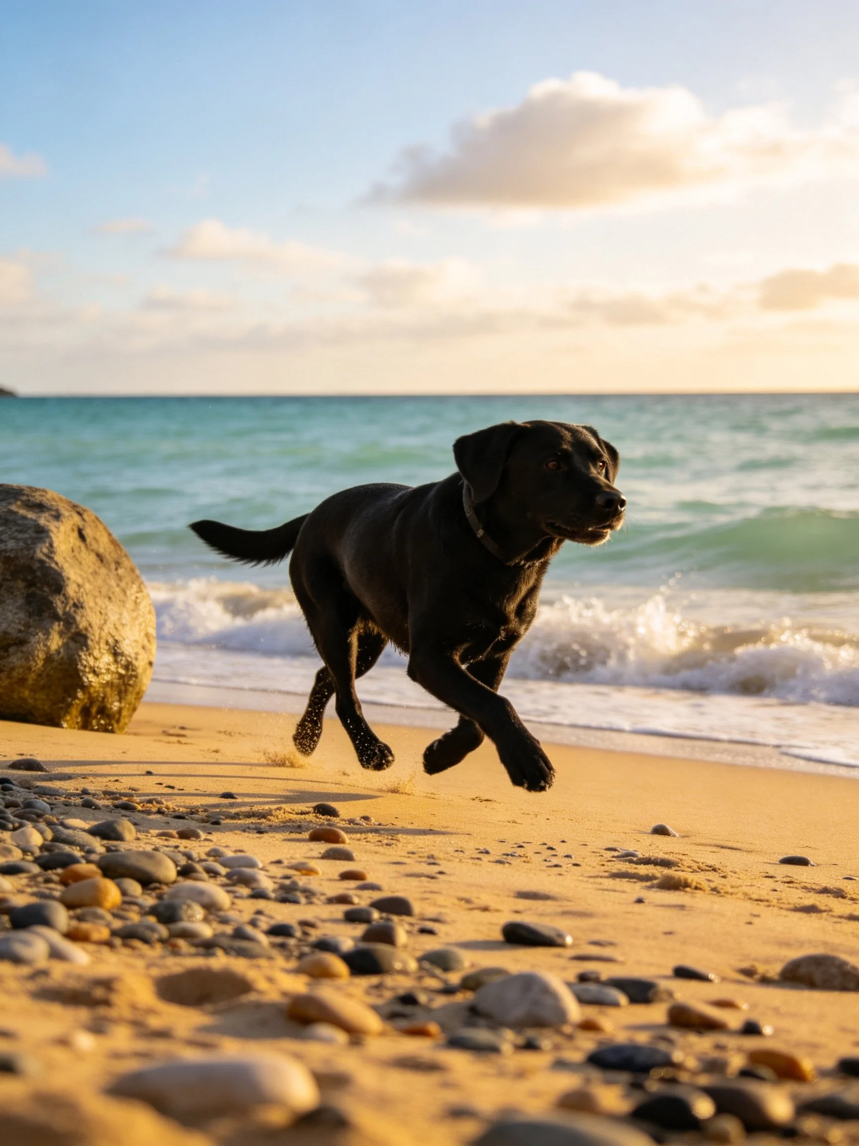 A black dog runs along a rocky sandy beach near turquoise waters