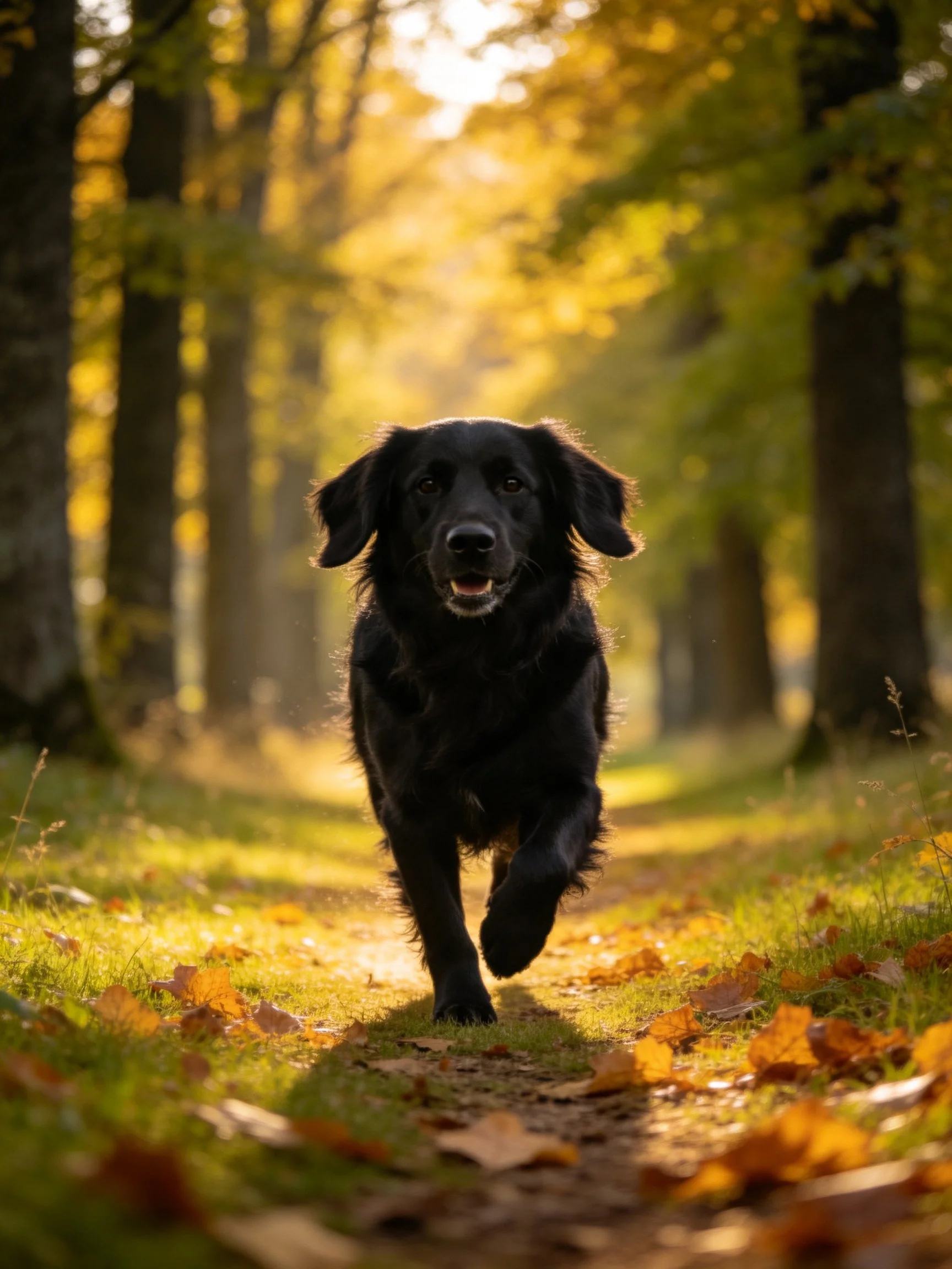 A black dog runs along an autumn forest path with golden light