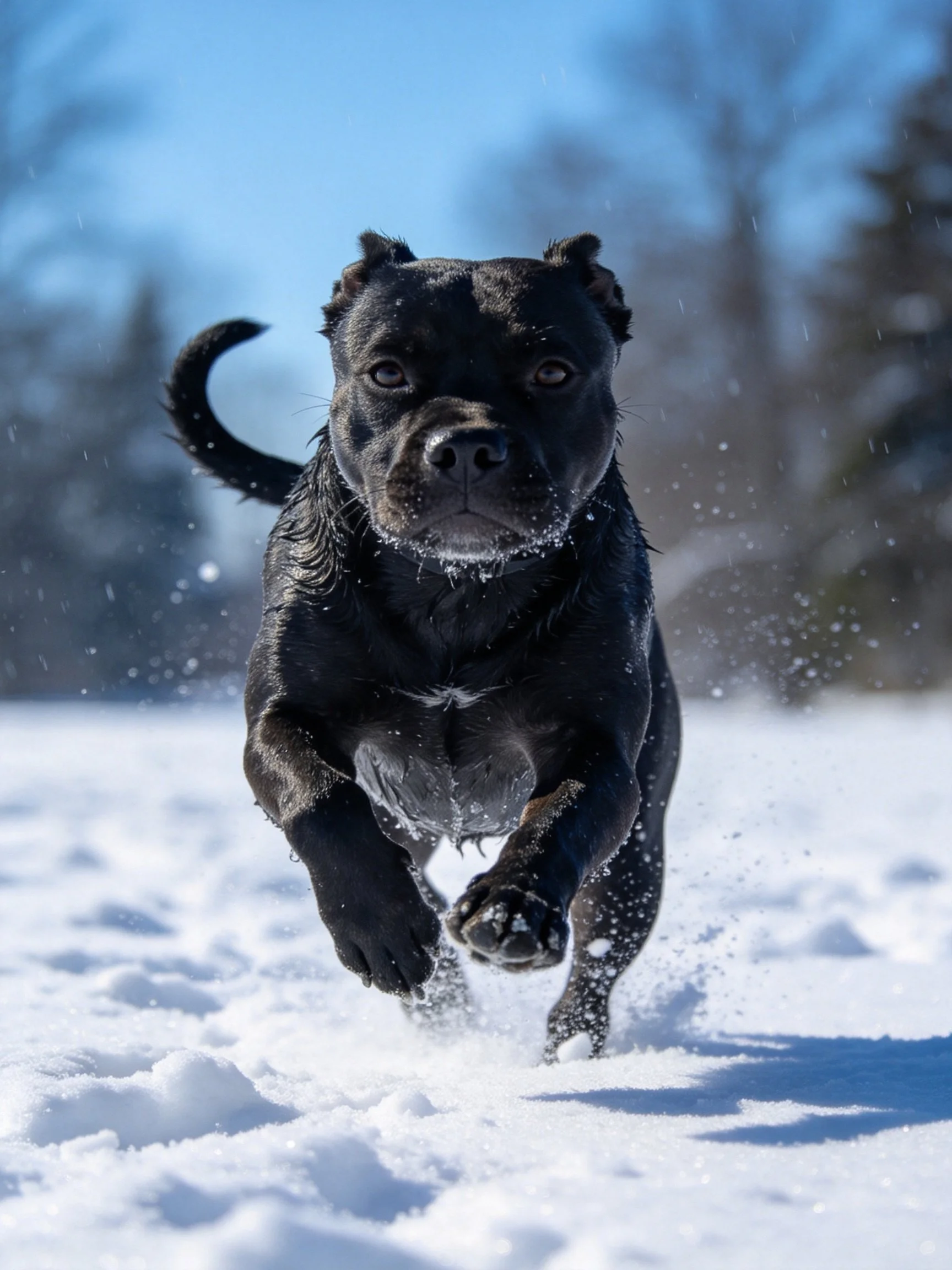 A black dog dashes through a snowy landscape.