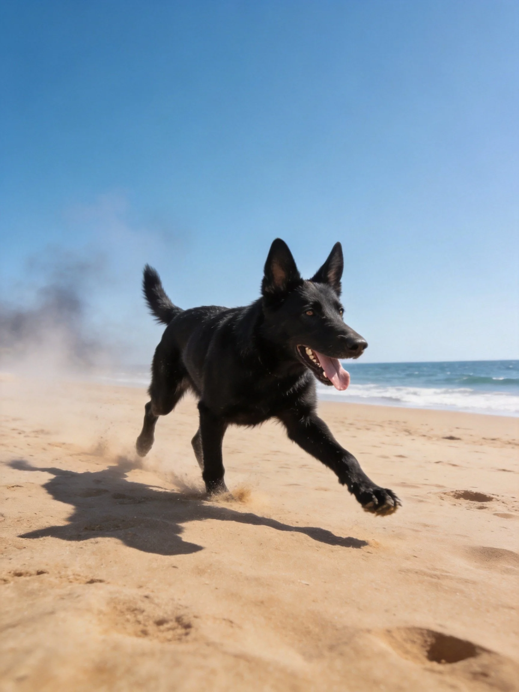 A black dog runs joyfully on a sandy beach near the ocean