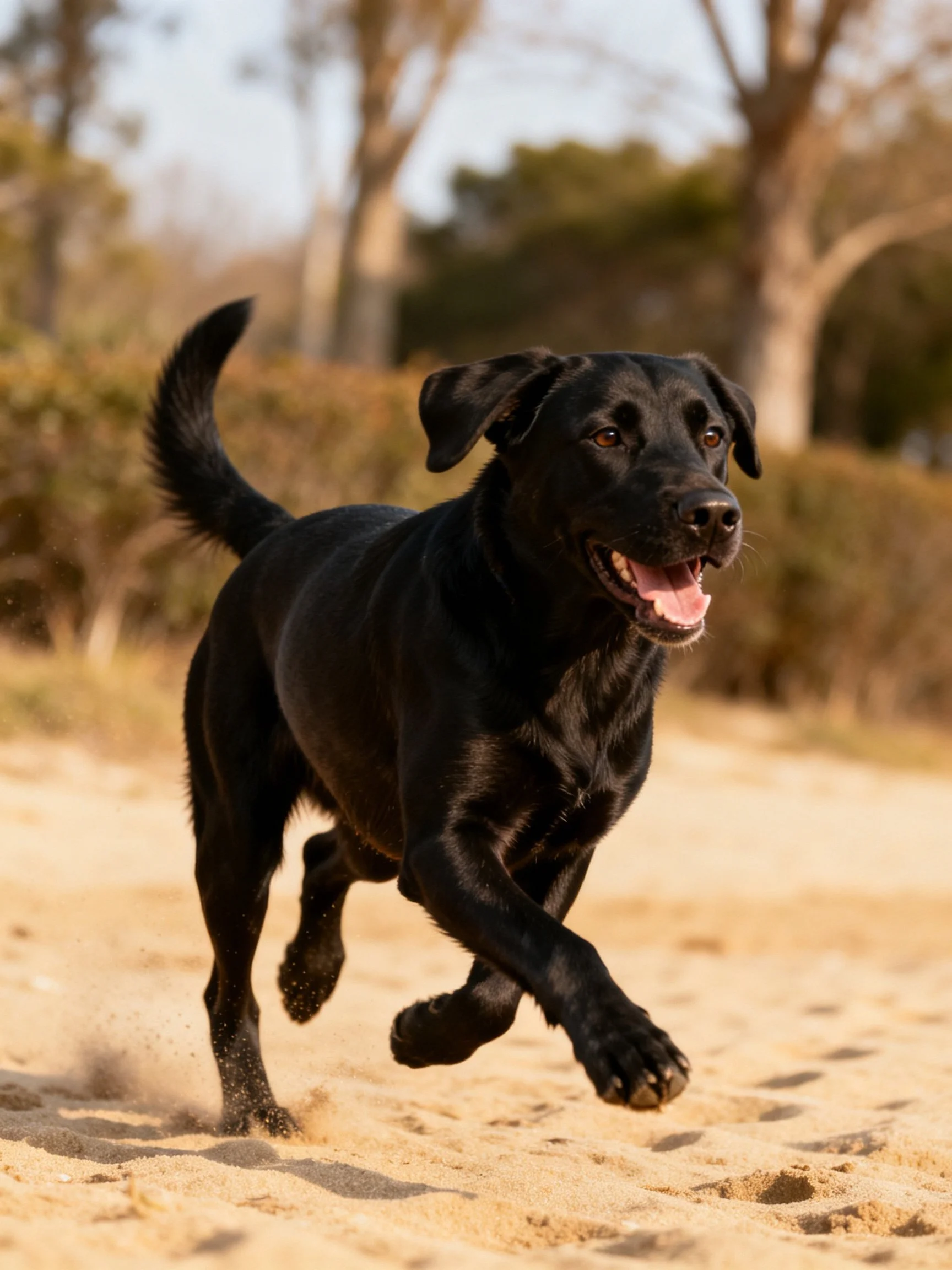 A black dog runs happily on sandy ground in a natural outdoor setting.