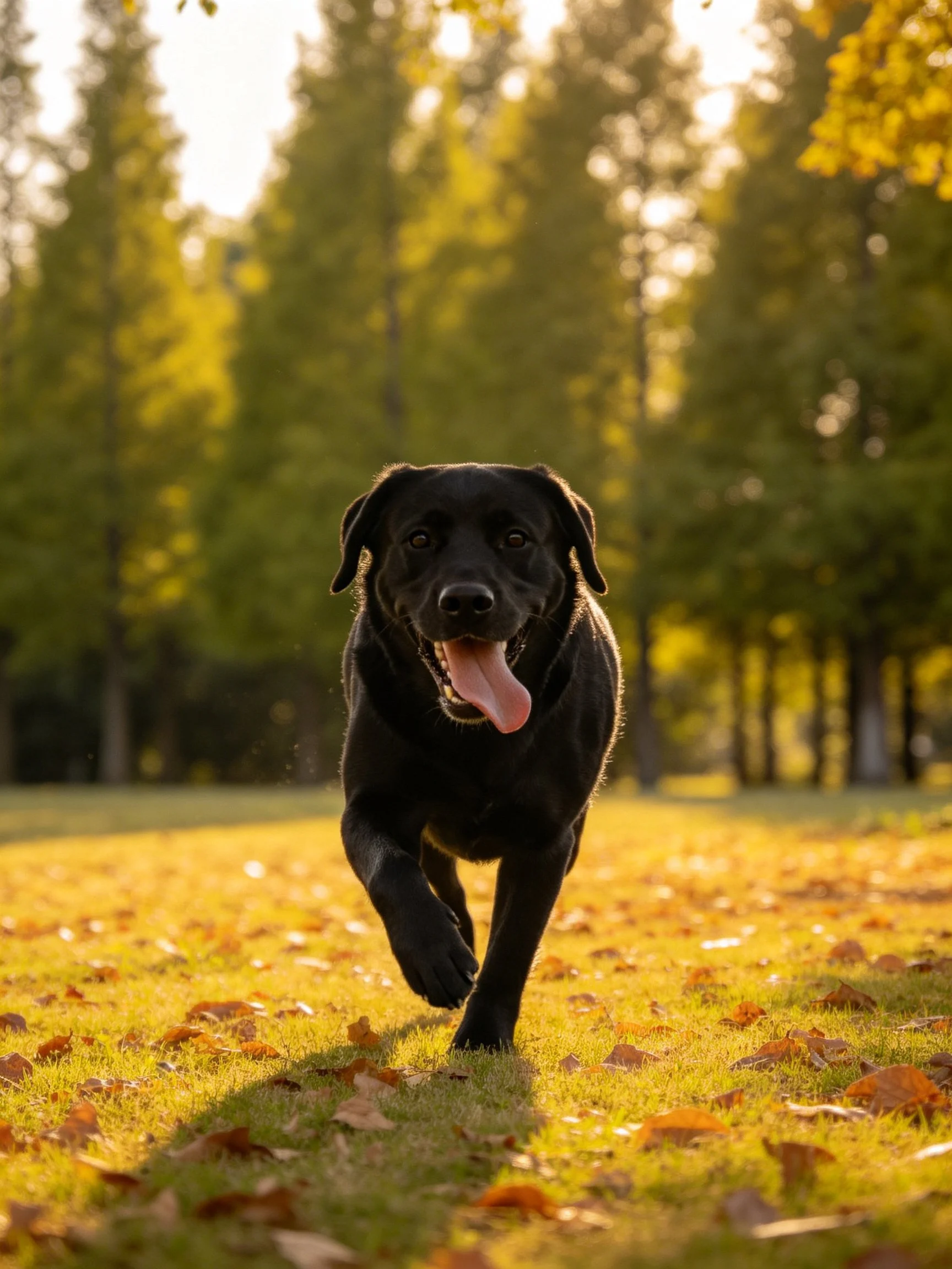 A black dog runs joyfully through an autumn park with golden leaves