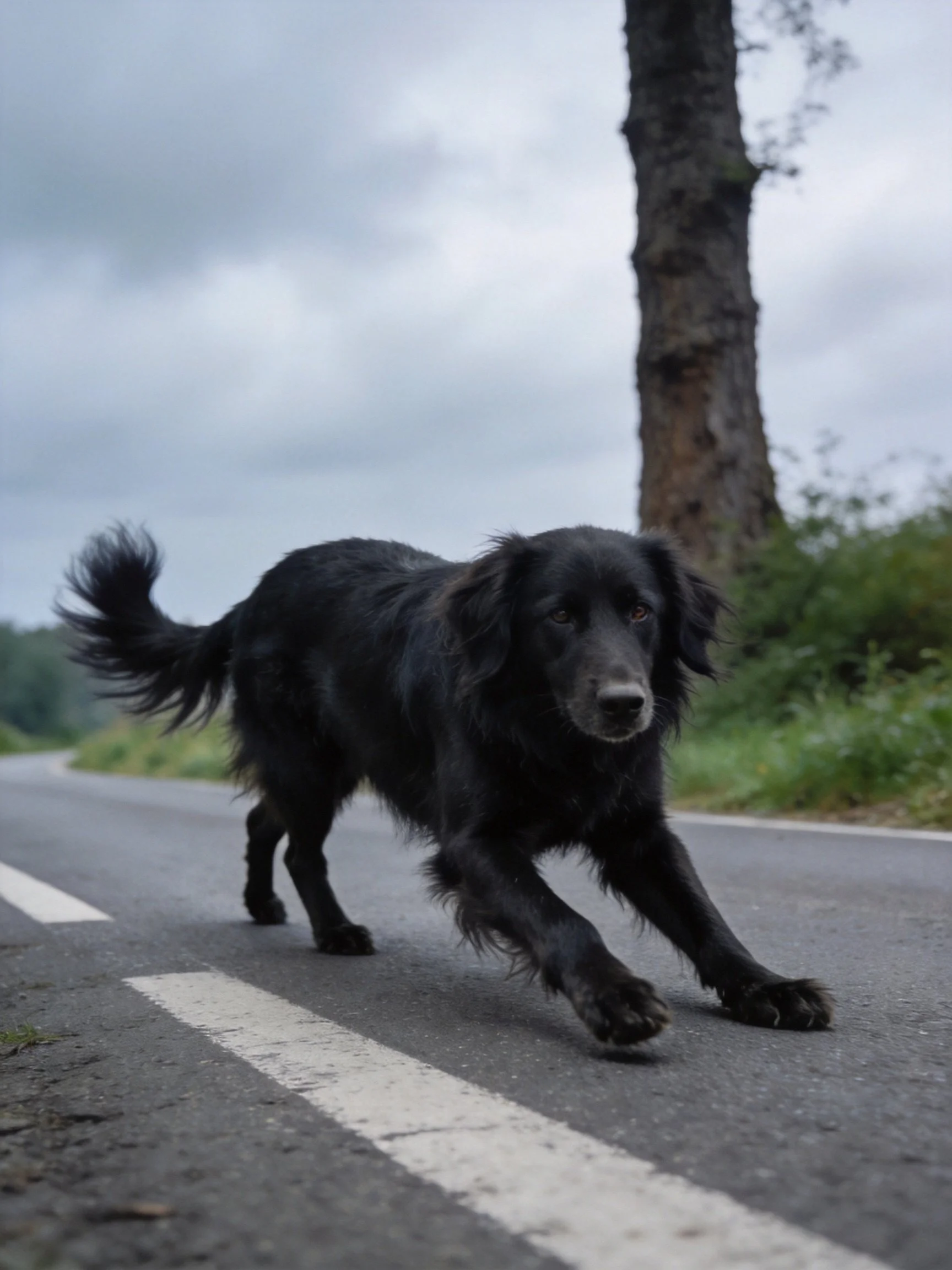 A black dog runs on a paved road near a tall tree