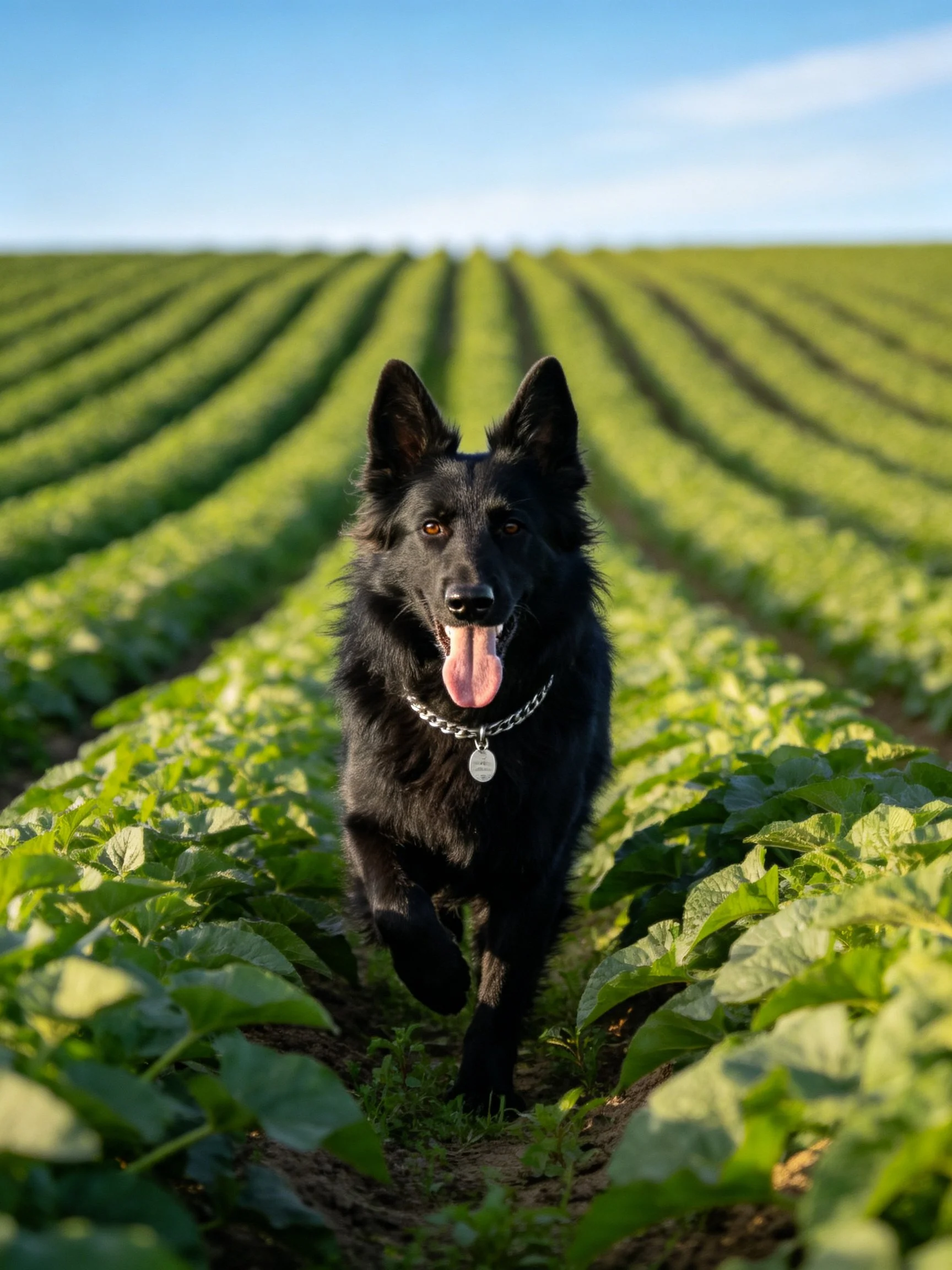 A black dog runs through neatly arranged green crop rows under clear blue sky