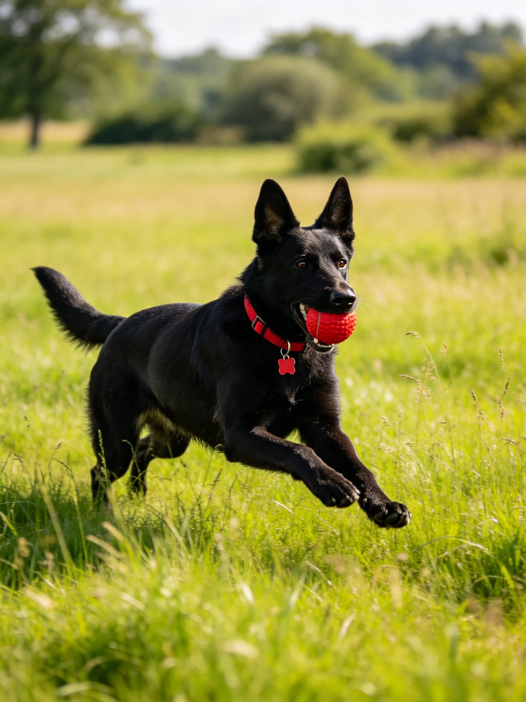 A black dog runs through tall green grass with a red ball