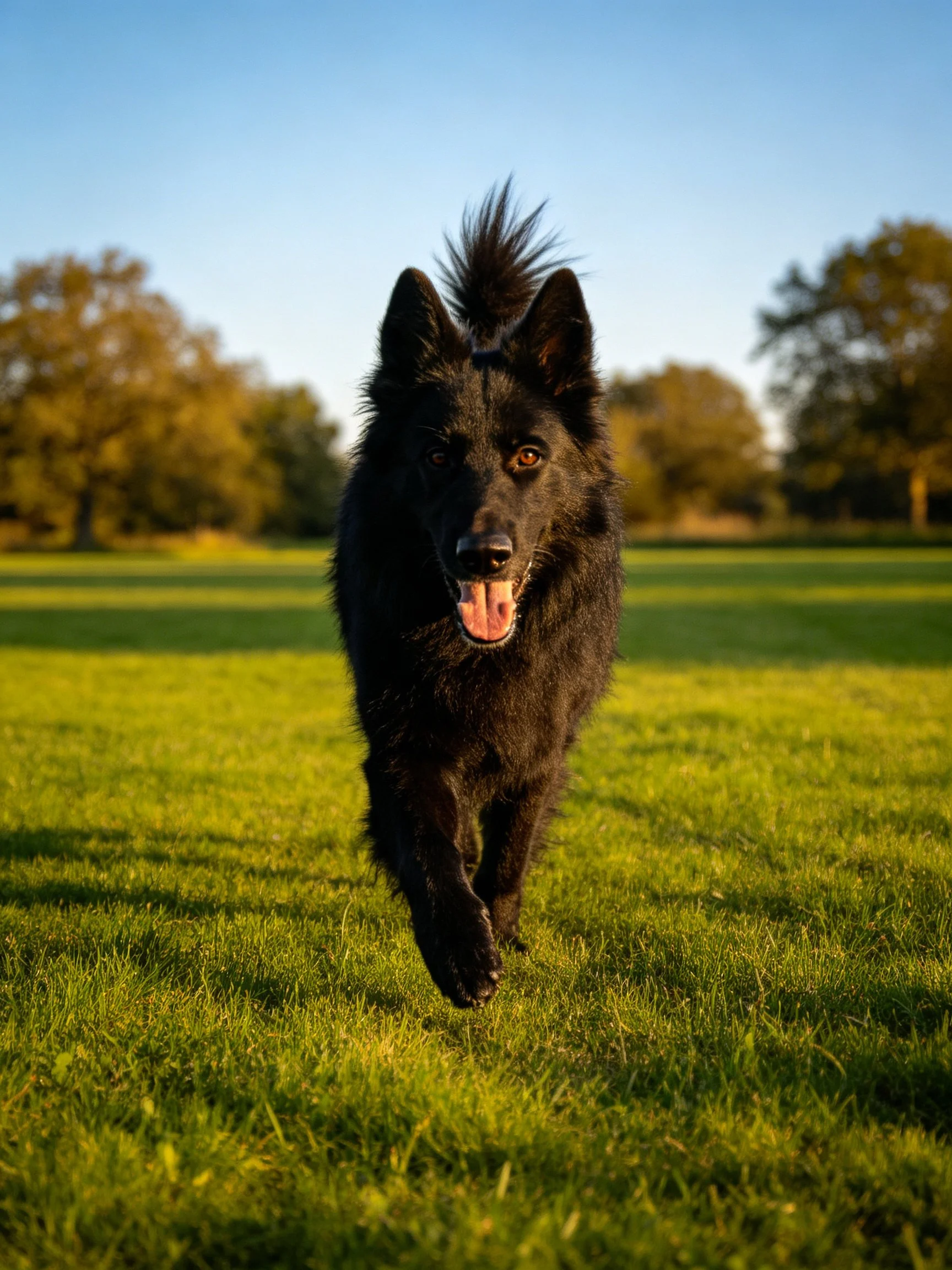 A black dog runs toward camera on sunlit grassy field