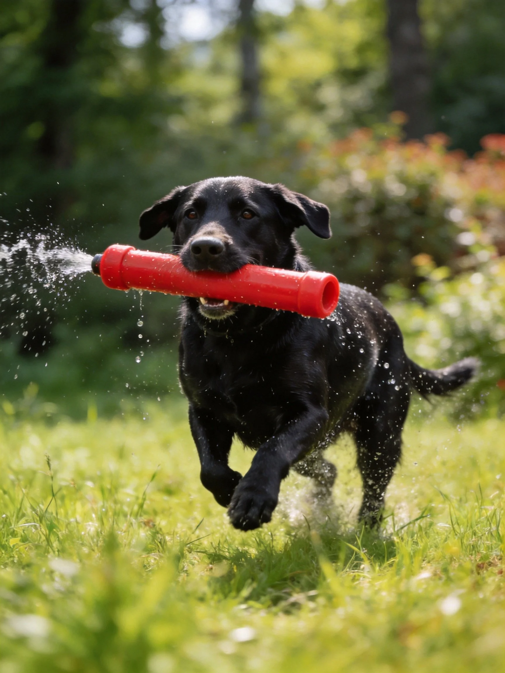 A black dog runs with a bright red water sprayer in a grassy field