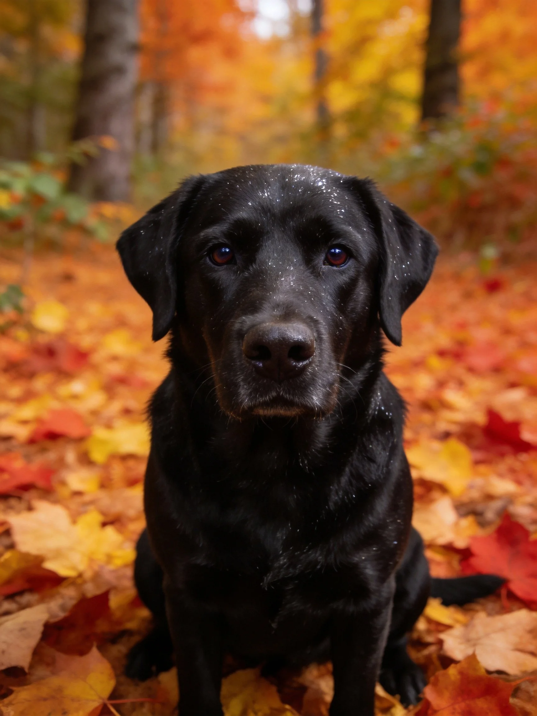 A black dog sits among autumn leaves in a forest.