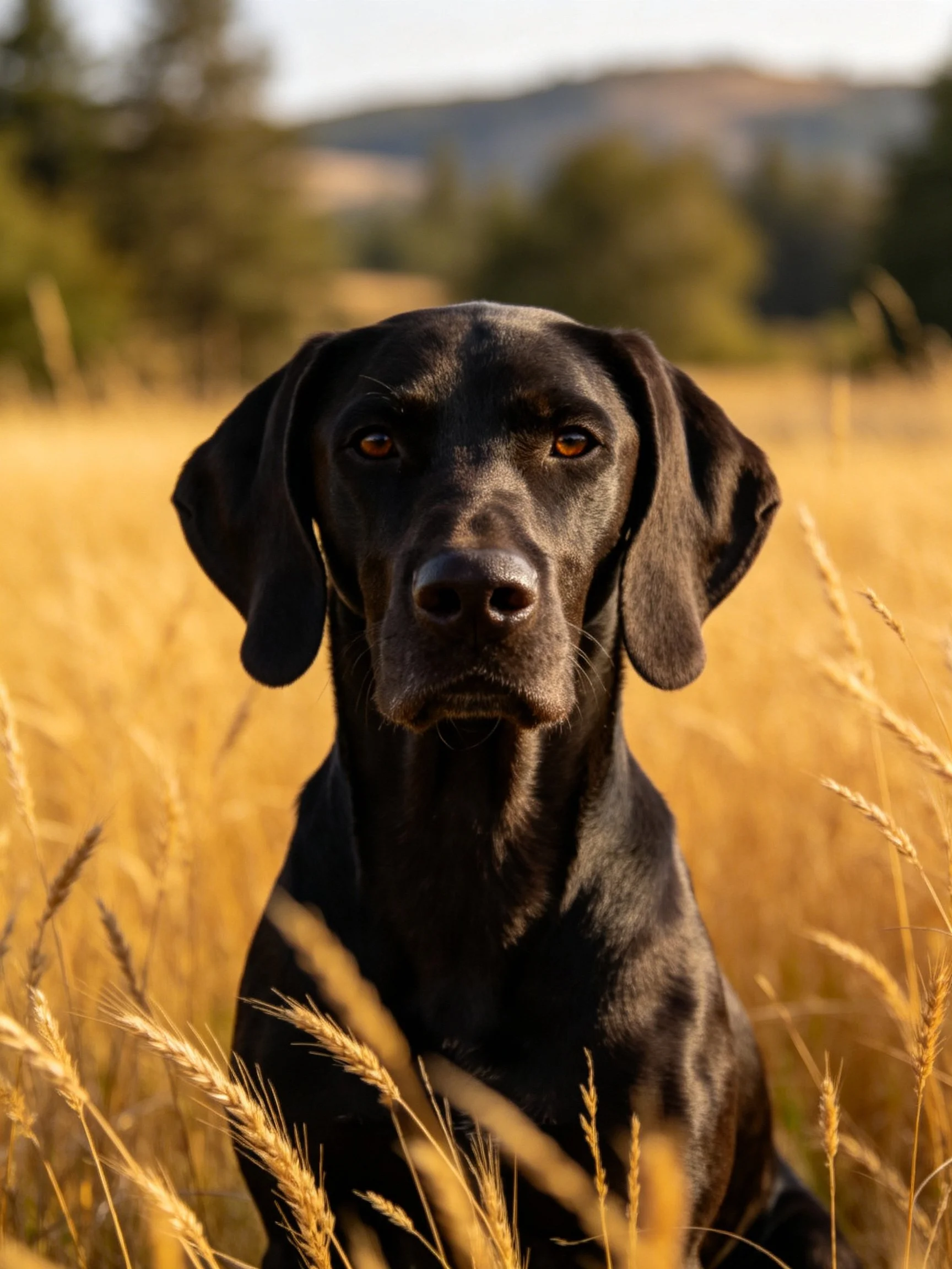 A black dog sits amid golden wheat stalks with distant hills