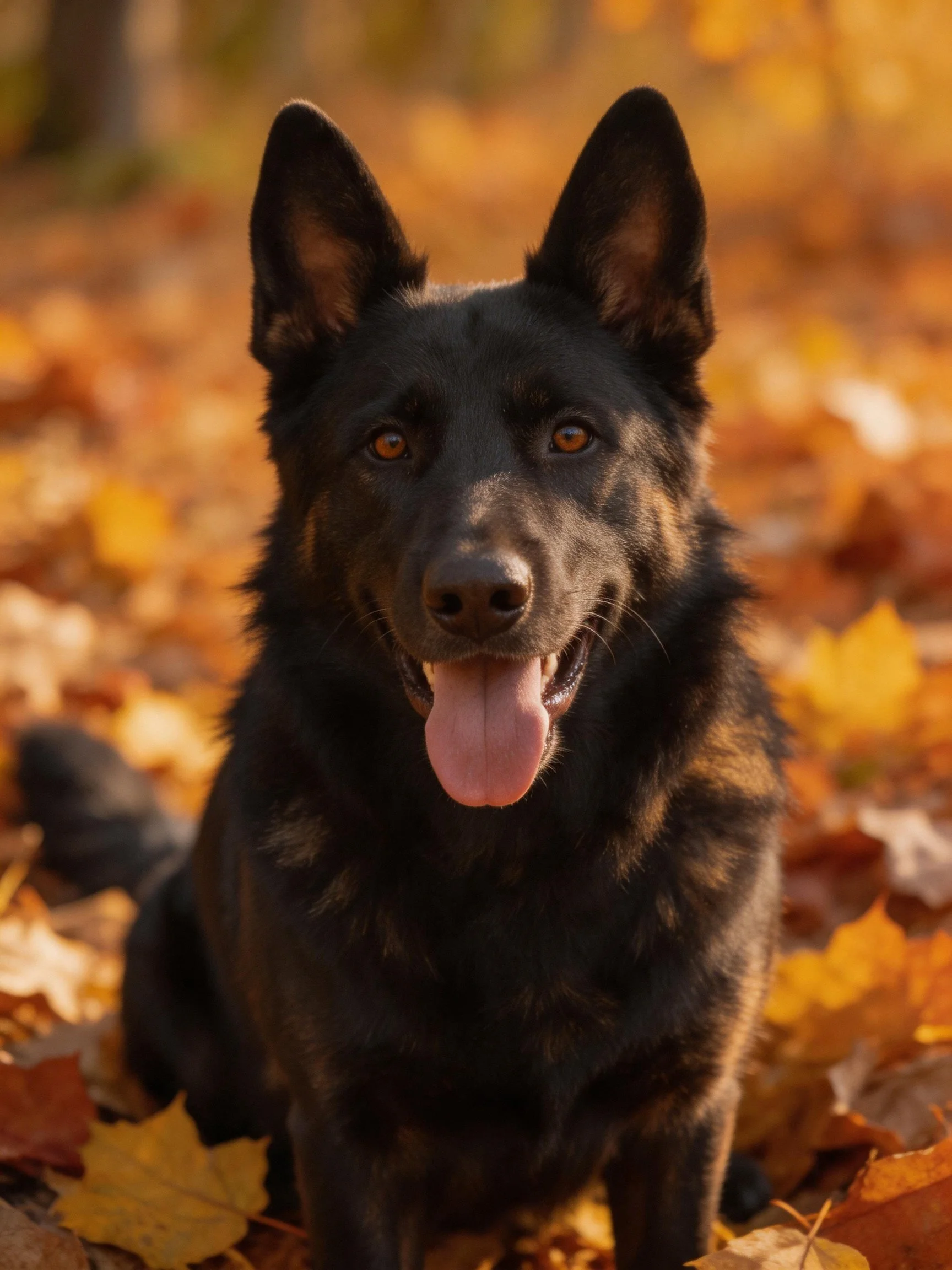 A black dog sits among autumn leaves in a sunlit area.