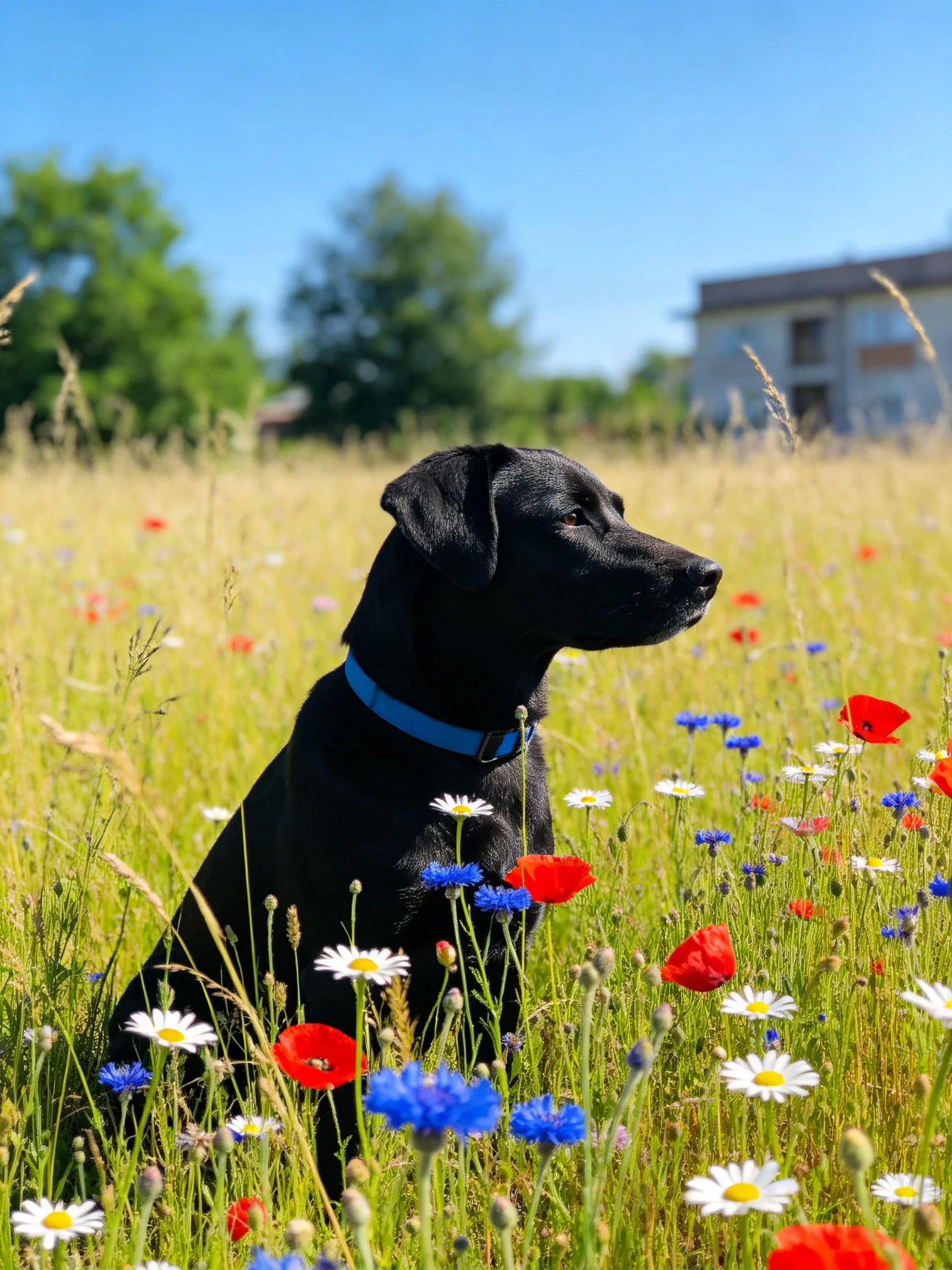 A black dog sits among wildflowers in a sunny meadow.