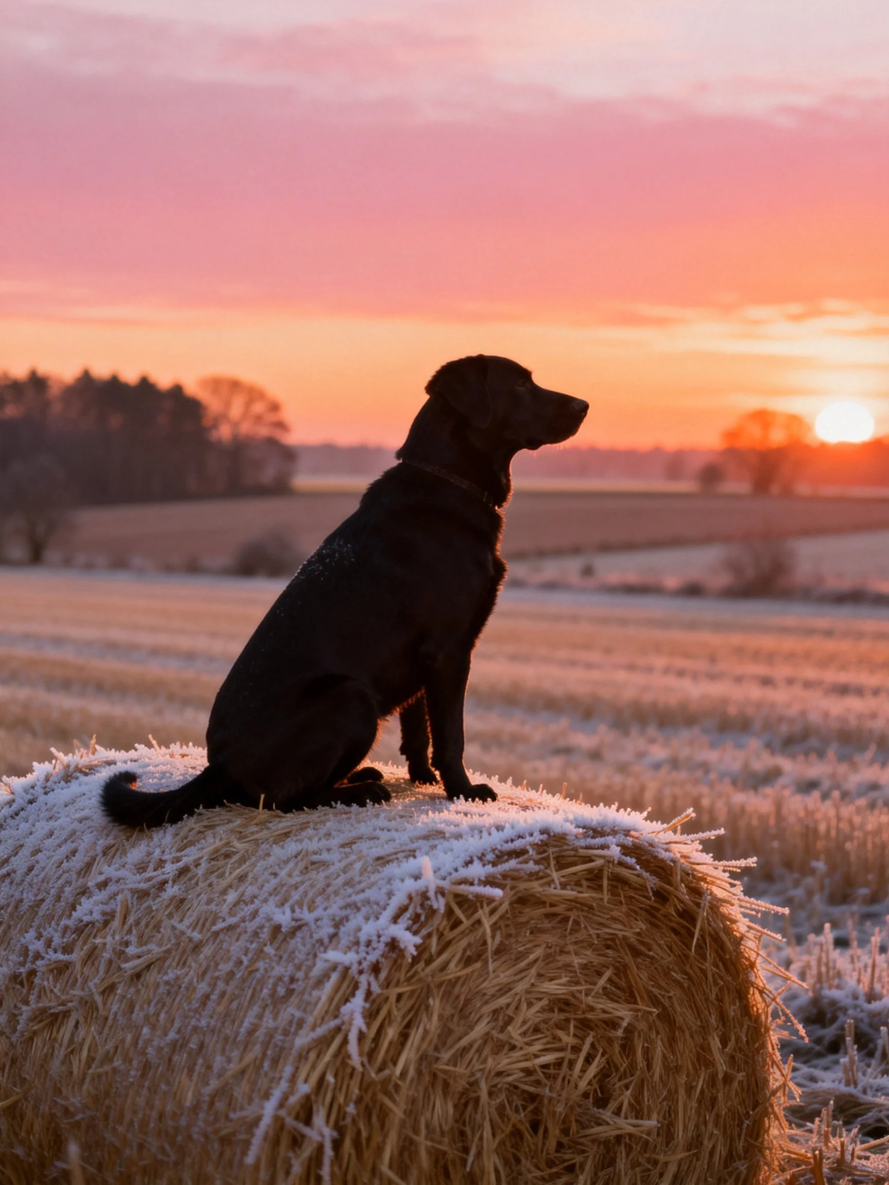 A black dog sits atop a frosty hay bale under a colorful sunset