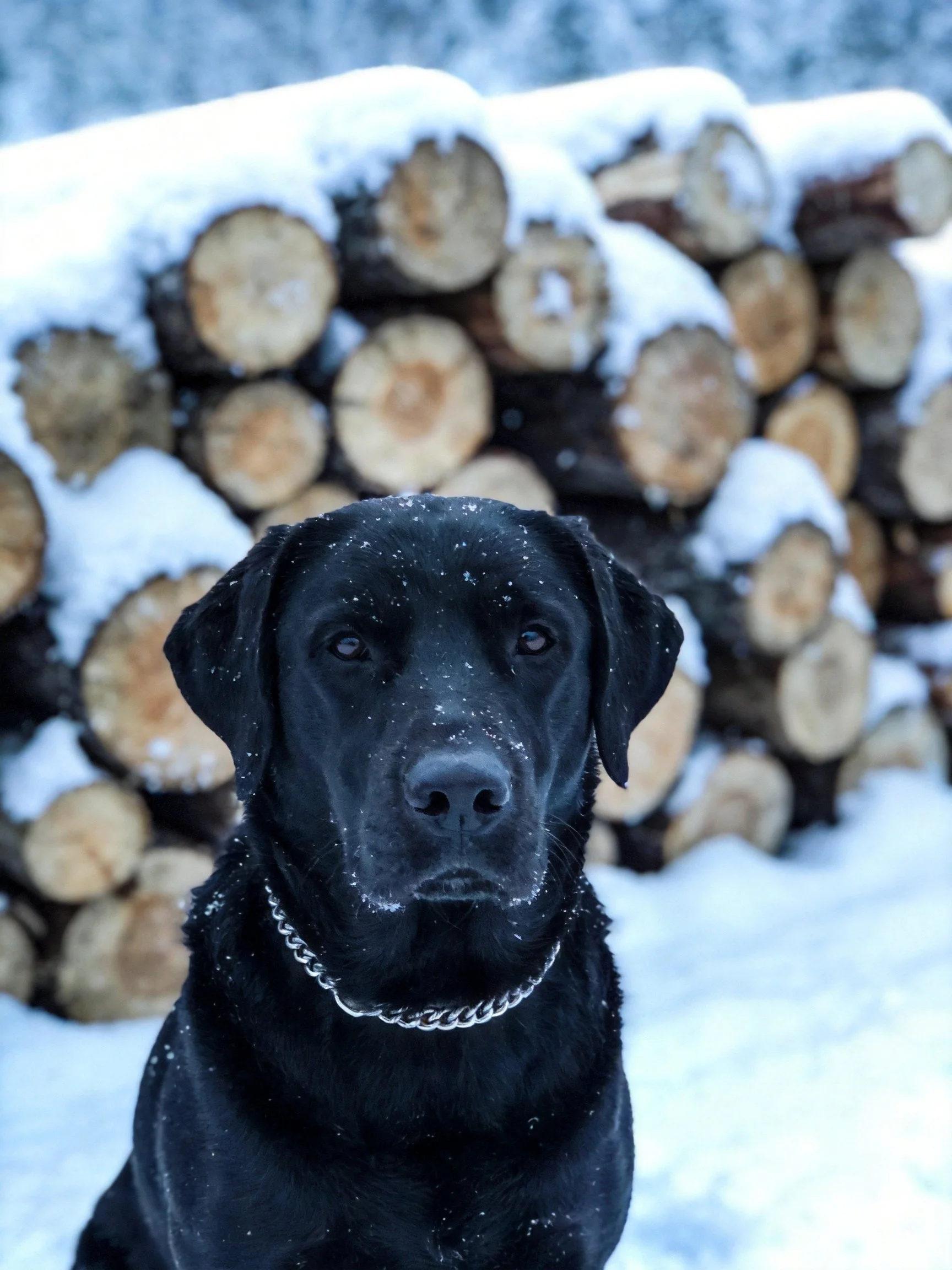 A black dog is near a large stack of snow-covered cut logs
